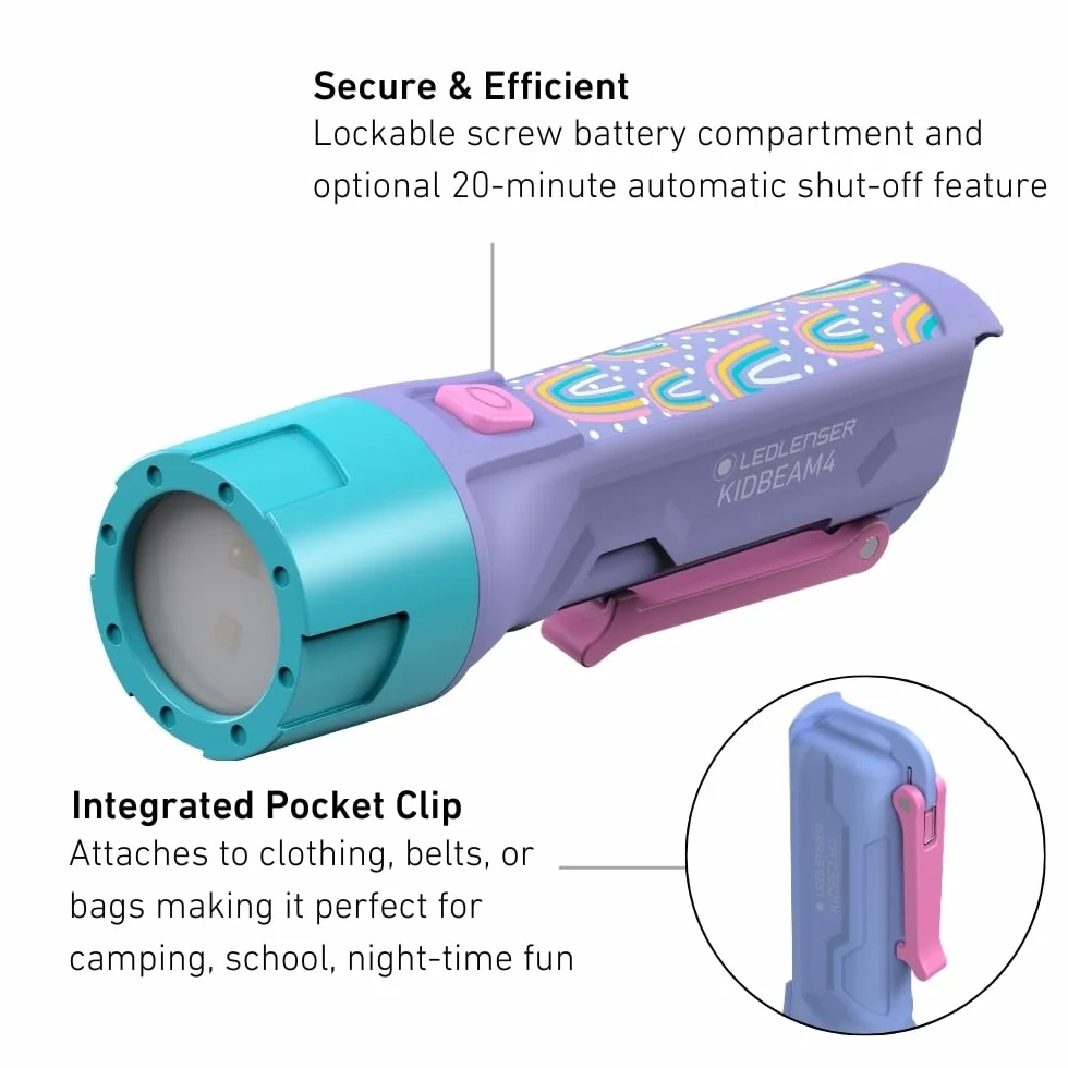Ledlenser KidBEAM4 latarka dla dzieci, 4 kolory LED AAA latarka zasilana bateriami, lekka 72 g, z klipsem kieszonkowym, funkcja automatycznego wyłączania, doskonała do czytania, biwakowania i zabawy