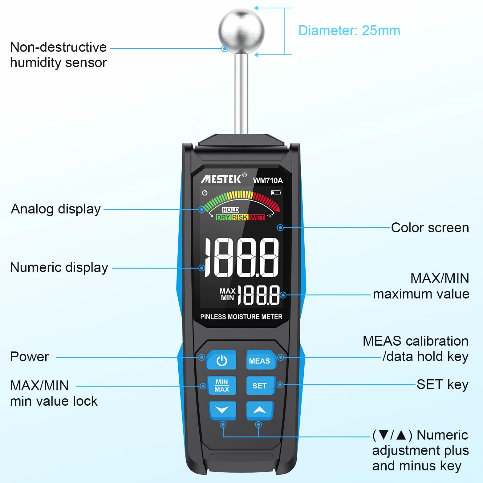 Detector Wilgotności MESTEK 20-40mm Wilgotnościomierz Czujnik Wilgotności Miernik wilgotności Cyfrowy Wyświetlacz LCD Alarm dźwiękowy Przenośny z Baterią do ścian Drewnianych Zaprawa Cementowa