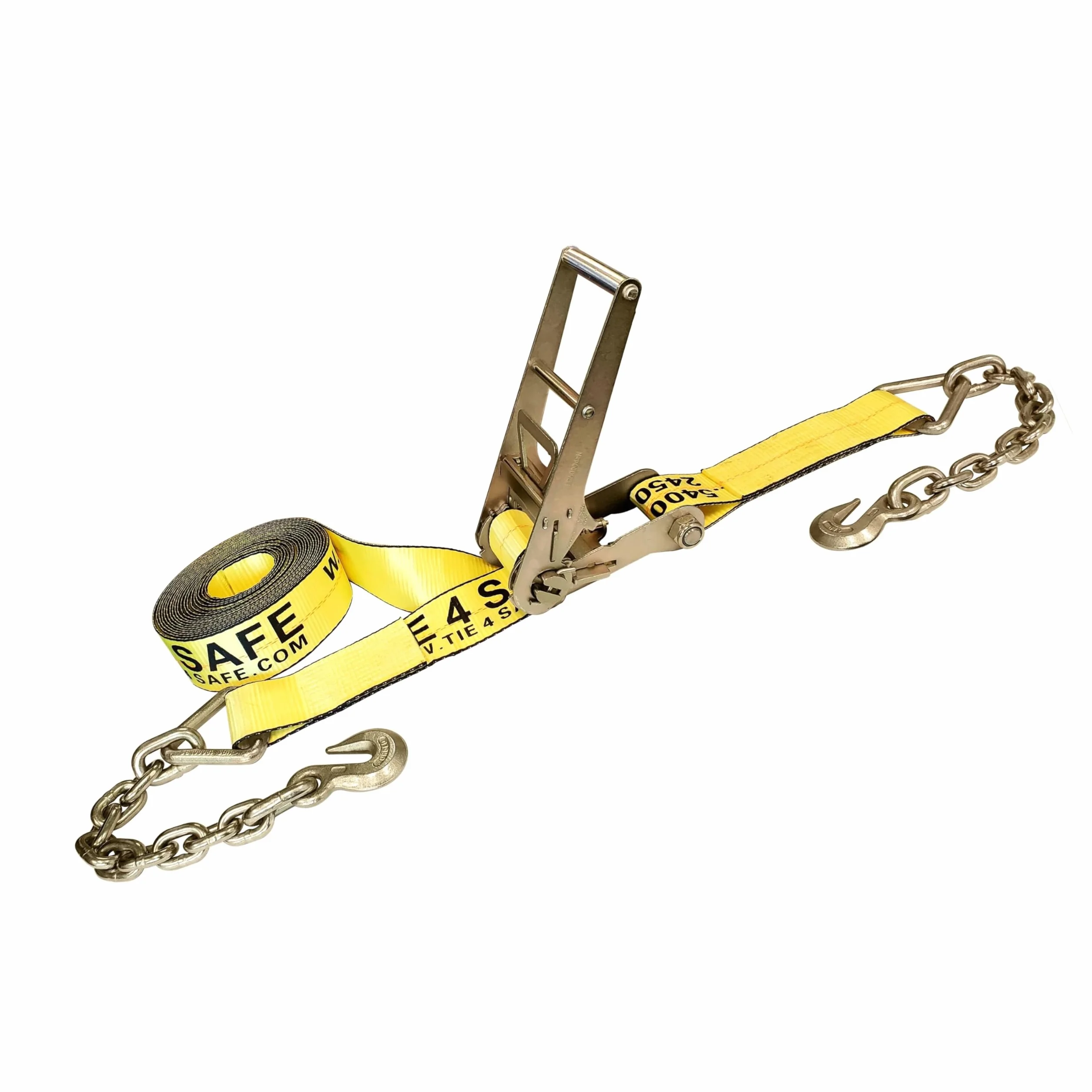 Mega Cargo Control Pasek mocujący z grzechotką 7,6 cm x 30' z przedłużkami łańcuchowymi i hakami widełkowymi do przyczepy, platformy i ciężarówki WLL: 2,4 kg (1 opakowanie)
