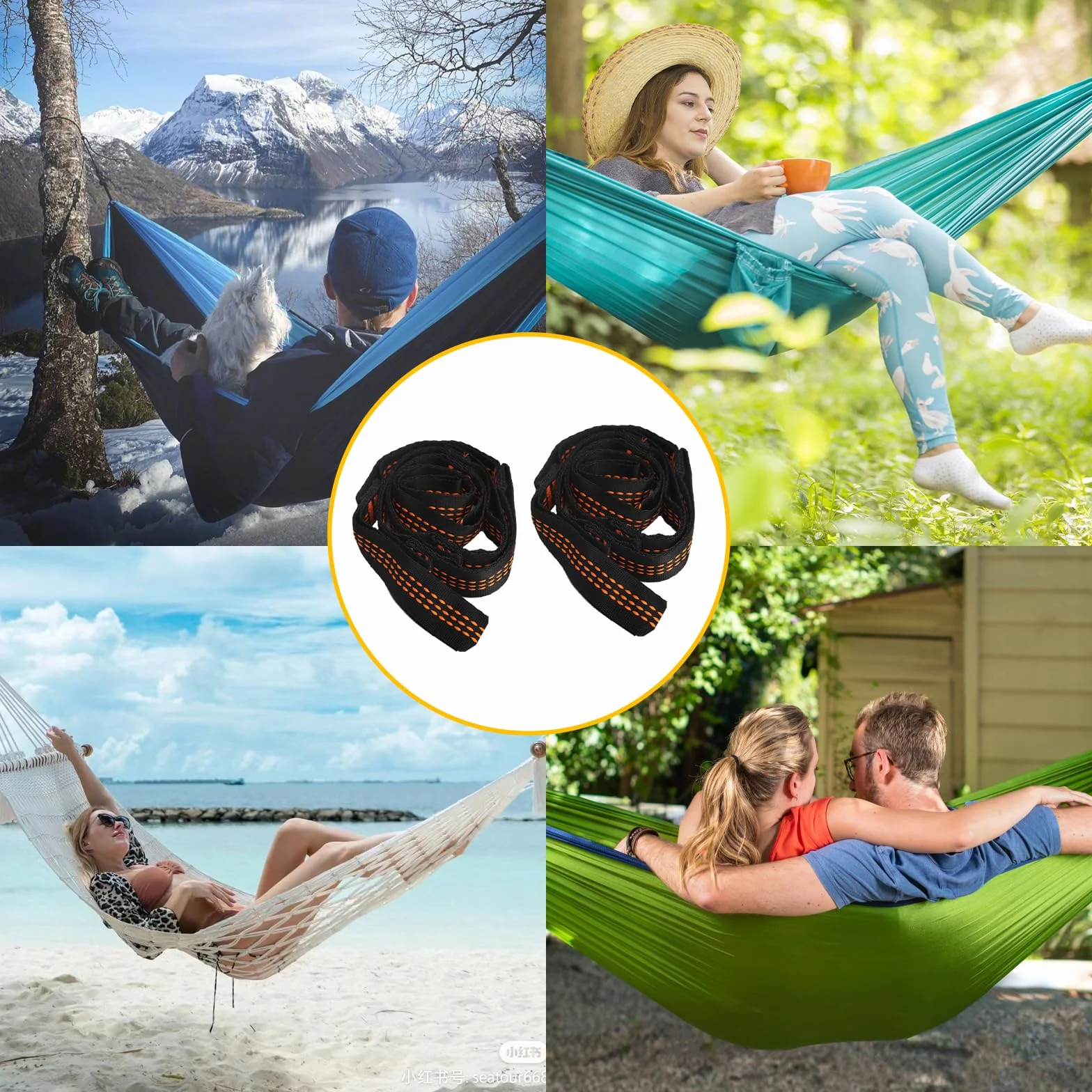 APOMOONS Zestaw do mocowania hamaka, pas do zawieszania, 300 kg, zestaw do zawieszenia na drzewie, pasy, mocowanie hamaka prętowego huśtawki, lina hamakowa z 2 karabińczykami hakowymi, na kemping