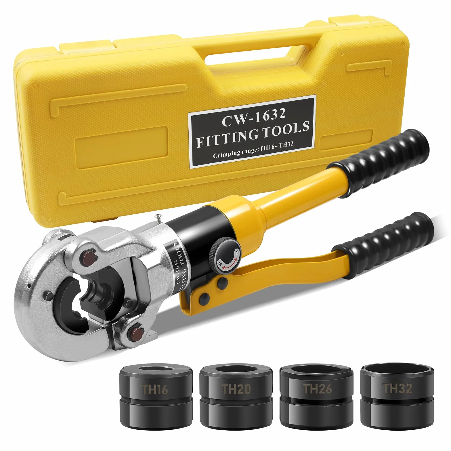 Szczypce zaciskowe, 16-32 mm typ TH, 10 T, zestaw szczypiec zaciskowych z gumowym uchwytem, głowica obracana o 360°, hydrauliczne szczypce zaciskowe do rura PEX, PB i miedzianych