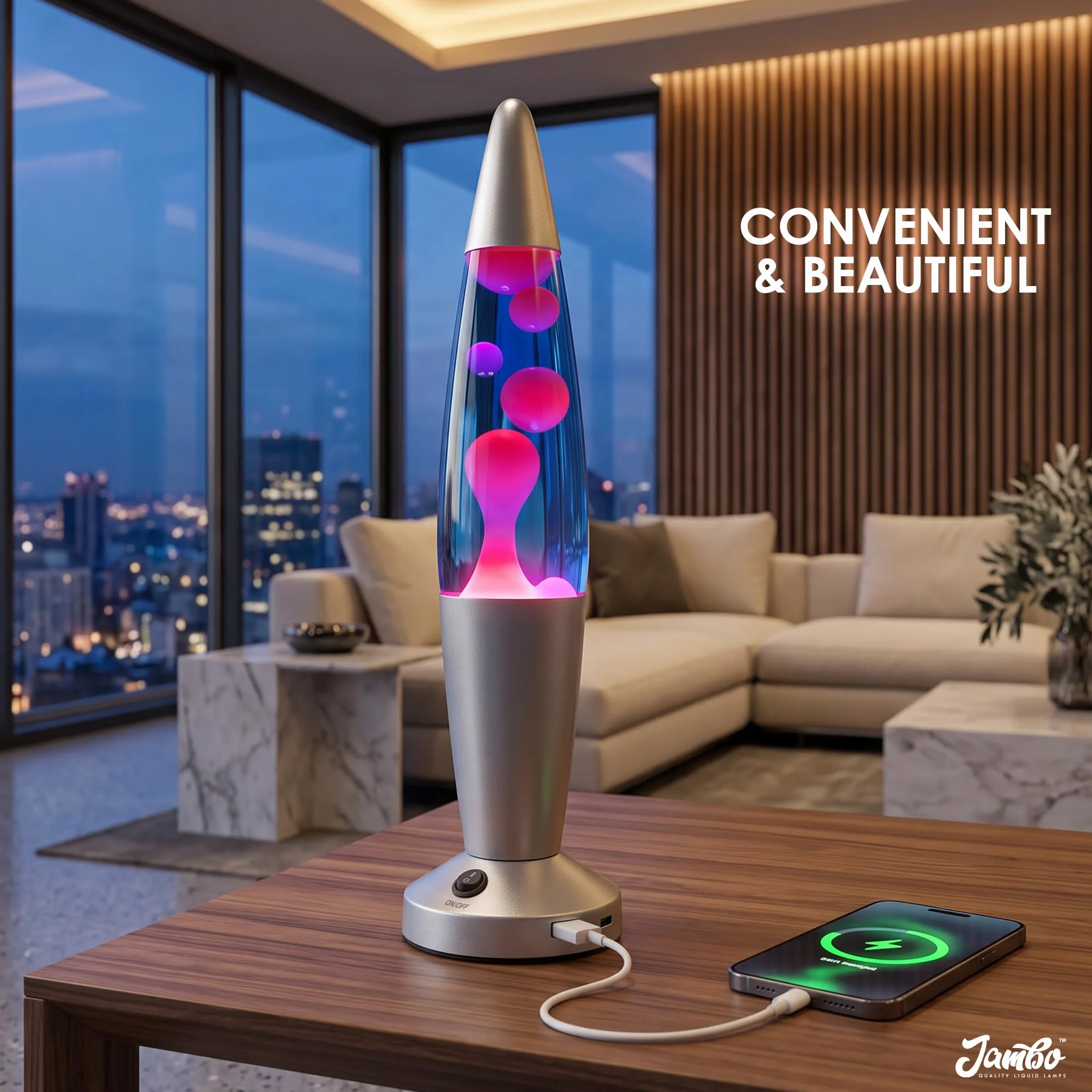 JAMBO Lampa z płynnym ruchem USB, nastrojowa lampa, wystrój domu, lampa do salonu, uspokajające światło ruchu, relaksująca lampka nocna, lampka nocna, 40 cm z portami USB (srebrna podstawa, niebieski