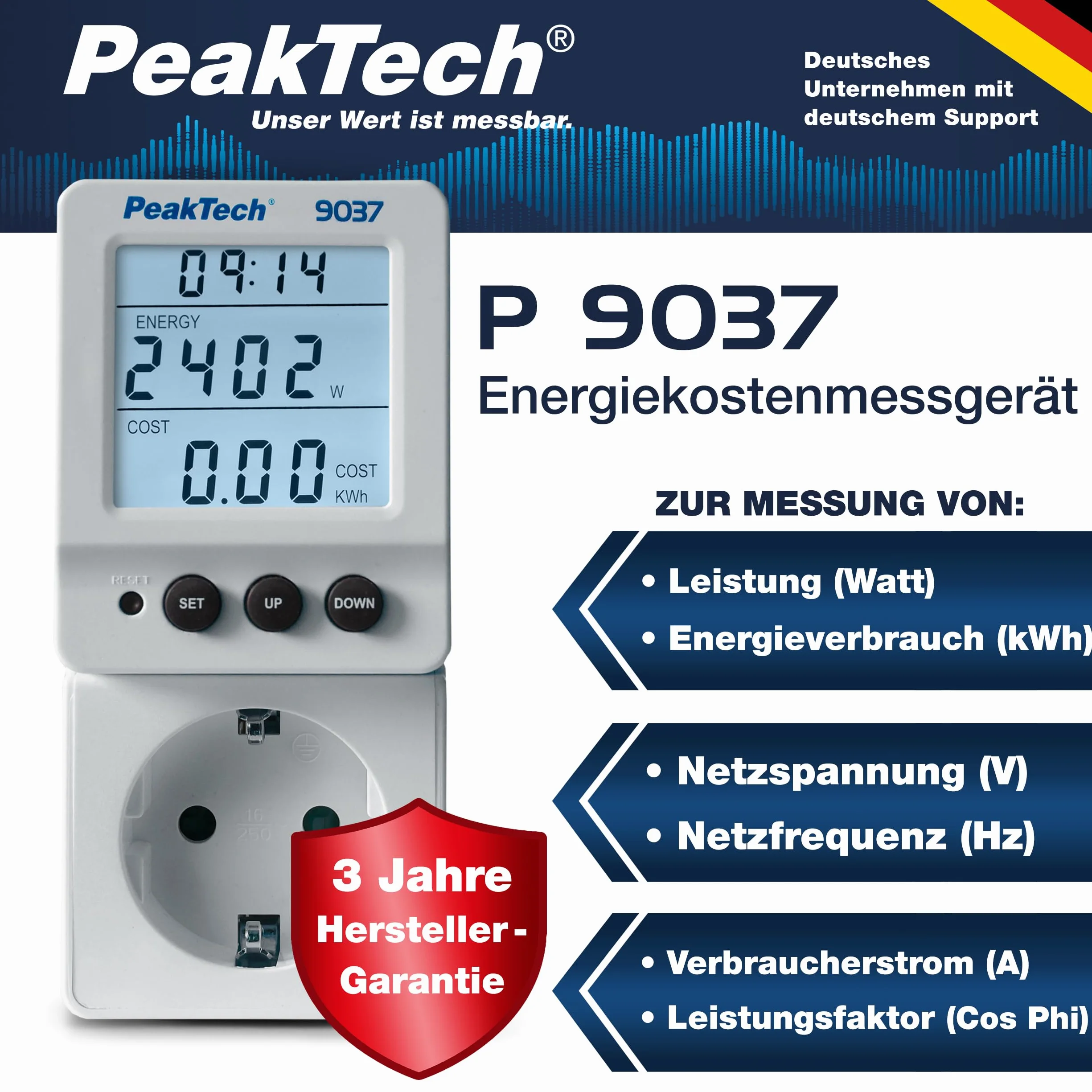 PeakTech 9037 miernik kosztów energii, miernik prądu, rozdzielczość 0,1 W, z obrotowym wyświetlaczem i współczynnikiem mocy