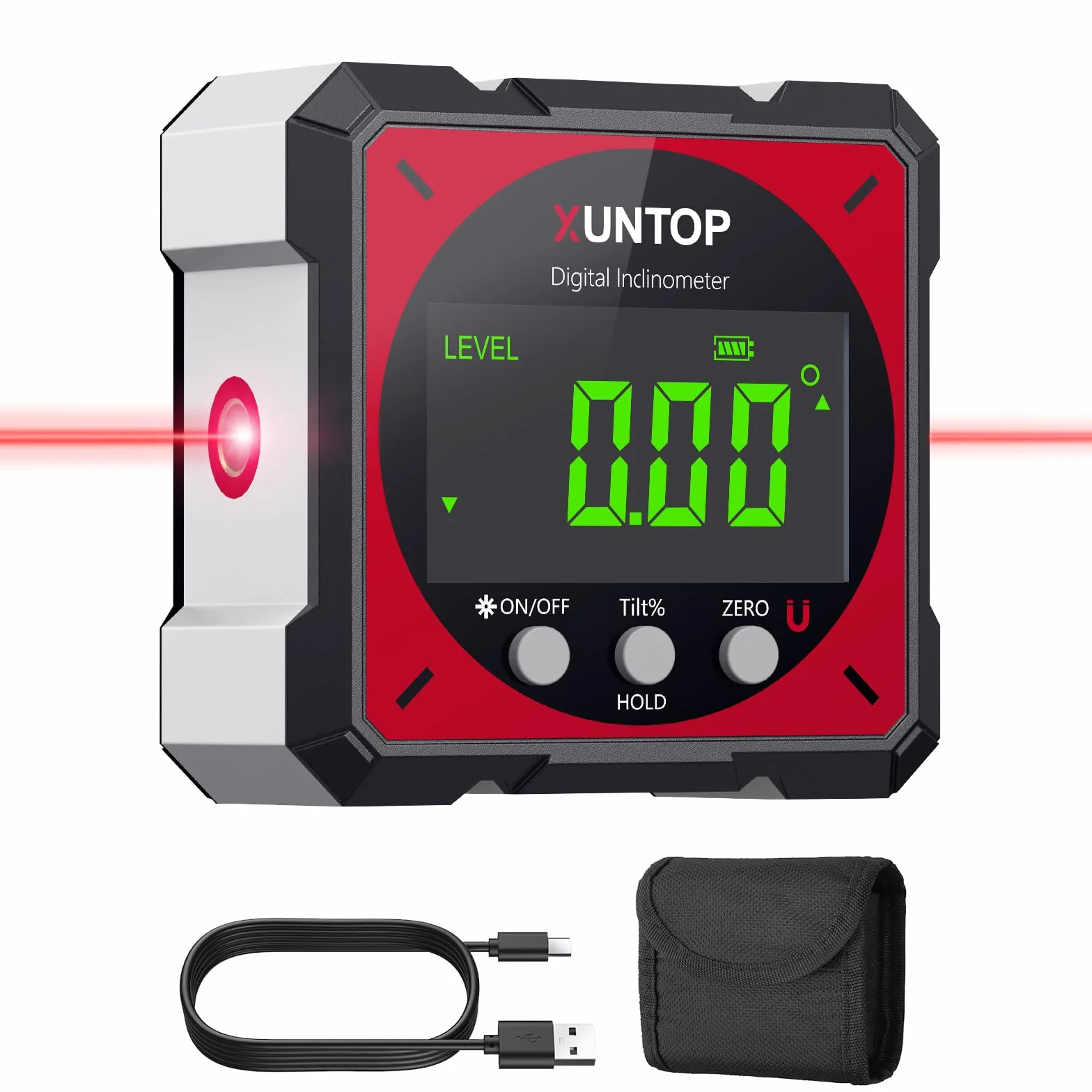 XUNTOP Cyfrowy kątomierz inklinometr poziomica laserowa z wyświetlaczem LCD, interfejs Type-C IP54 Wodoodporna magnetyczna skrzynka niwelacyjna Skrzynka niwelacyjna do stolarki, budownictwa, dekoracji