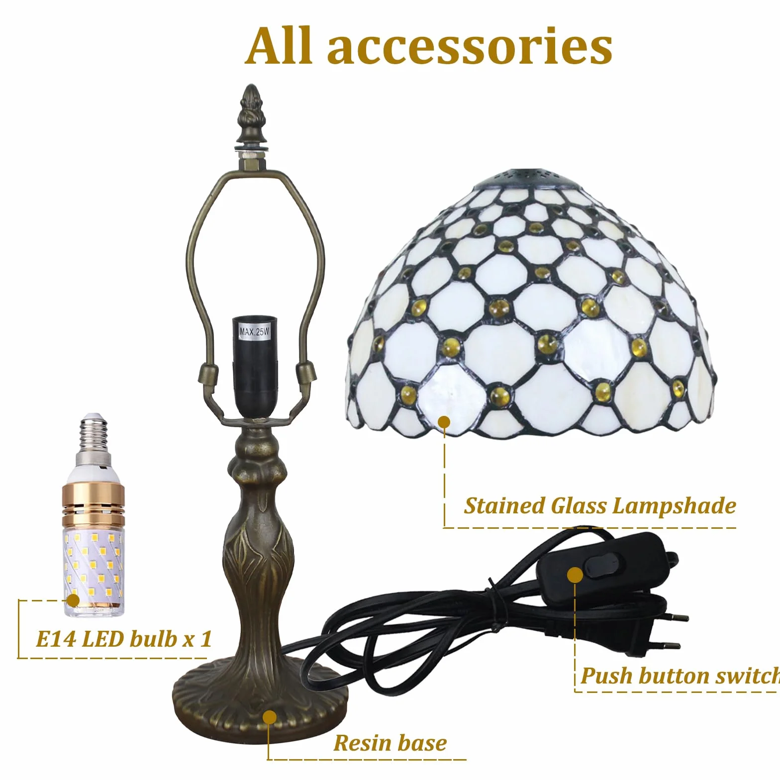 Styl Tiffany 8 cali Lampa stołowa Witraże Koraliki Abażury Mała lampka nocna Czytanie Antyczne Lampka na biurko Salon Sypialnia Biuro Vintage Art Deco Wiktoriańskie