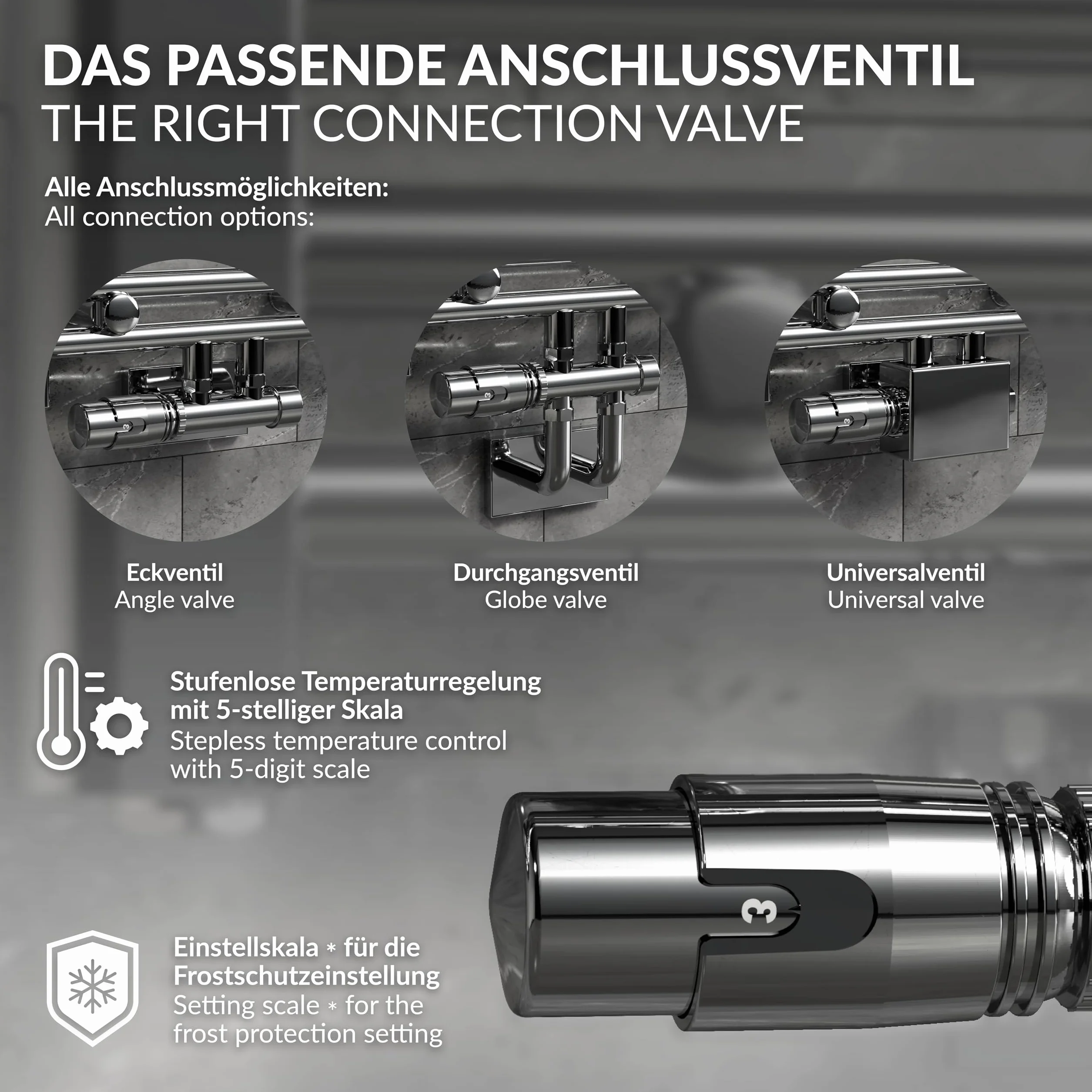 ECD Germany Zestaw Zaworowy Multiblock Chrom Chrom Uniwersalny Narozny I Prosty Z Glowica Termostatyczna Do Grzejników Lazienkowych Z Podlaczeniem Srodkowym - Zestaw Przylaczeniowy Grzejnikowy