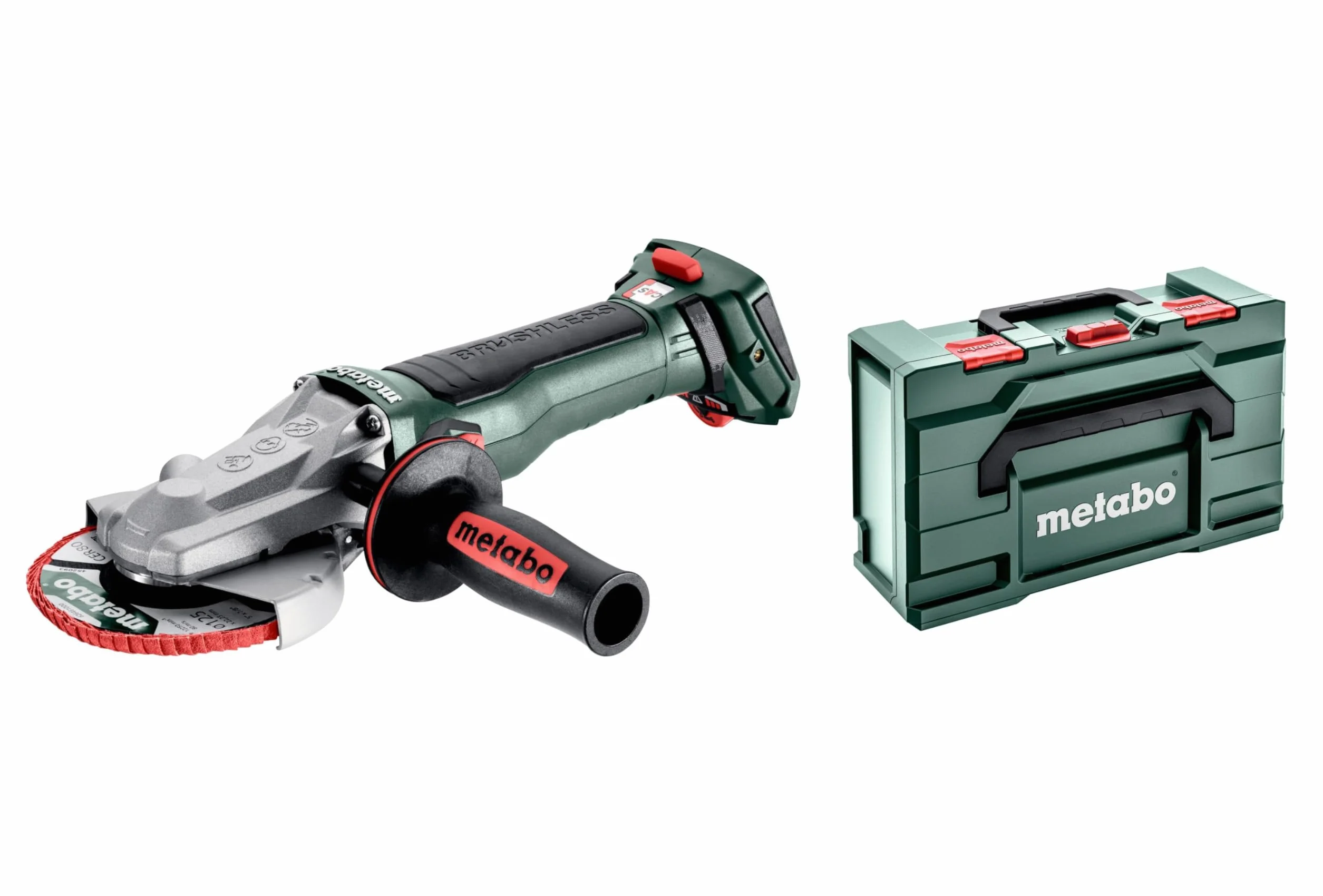 Metabo WVBF 18 LT BL 11-125 Quick akumulatorowa szlifierka kątowa z płaską głowicą – w zestawie MetaBOX 165 l (napięcie akumulatora 18 V, średnica tarczy 125 mm, waga 1,9 kg) 601307840
