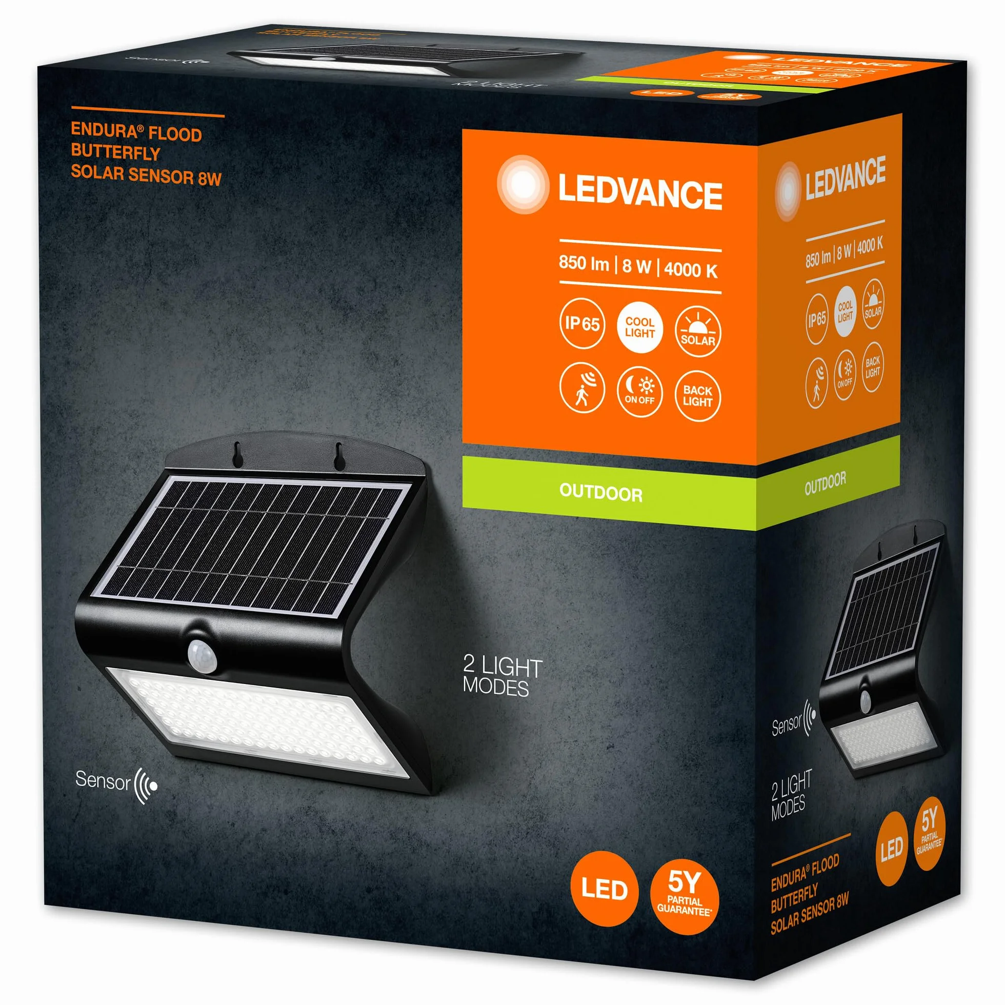 LEDVANCE Endura Butterfly Solar Reflight, Czerń, 8W, 850LM, Czujnik Światła, Światło Zewnętrzne, Bateria, Prosty Montaż, Ip65, 4000K