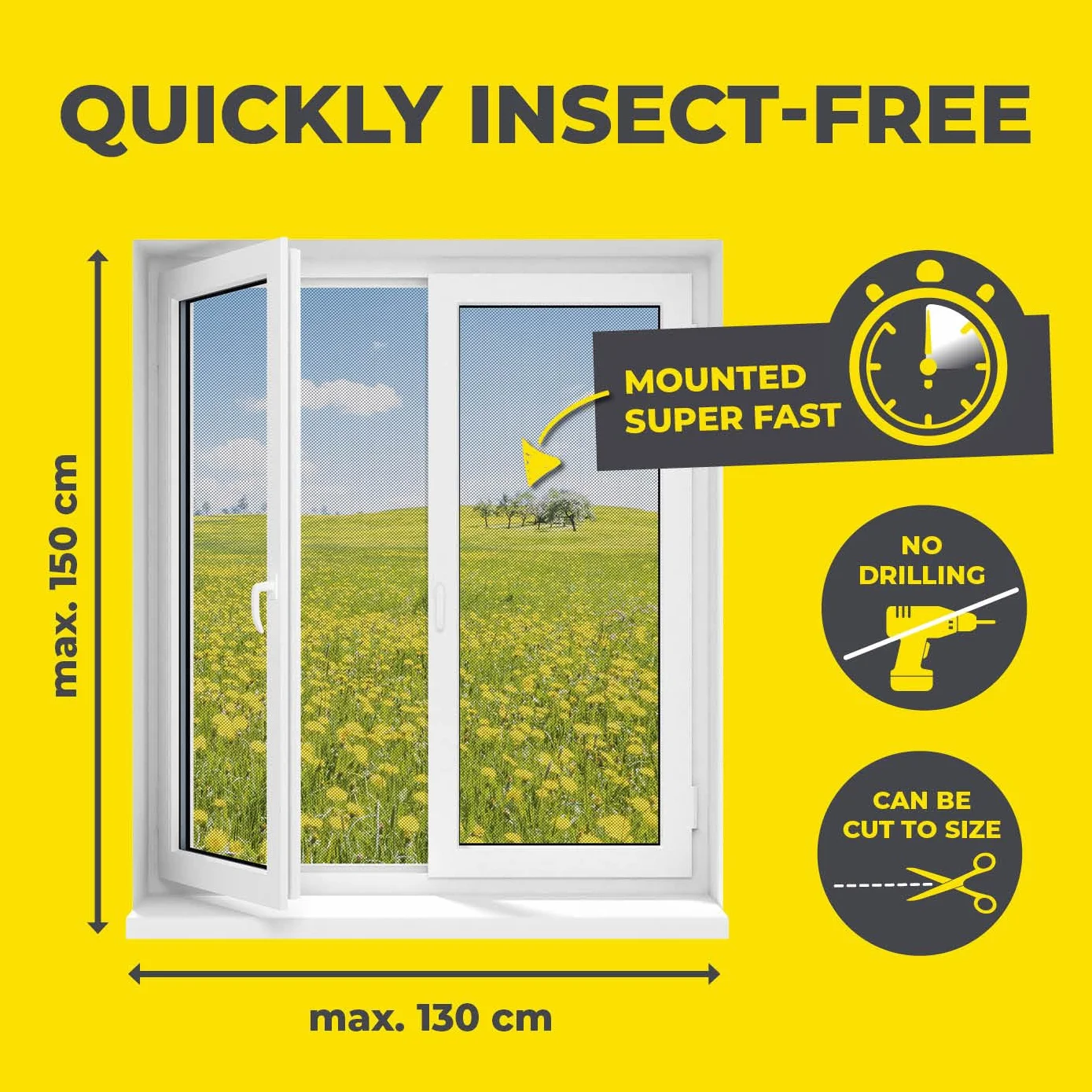 EASYmaxx Moskitiera do okien z Magic Click | Przycinana na wymiar do wszystkich okien o wymiarach do 130 x 150 cm | Łatwy montaż za pomocą 12 magnesów - bez wiercenia i przykręcania [Czarny]