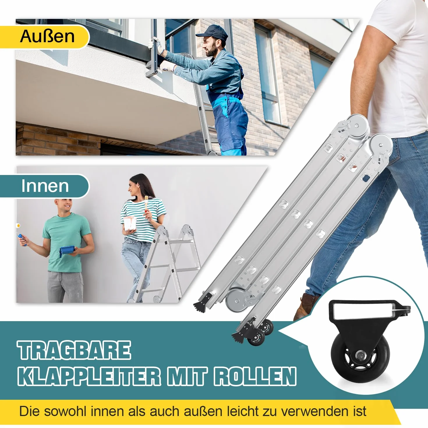 Aluminiowa drabina wielofunkcyjna 3,6 m, 4 x 3 stopnie, drabina wielofunkcyjna z platformą, aluminiowa drabina z 2 płytami rusztowania, składana drabina 16 stopni, drabina do 150 kg, srebrna