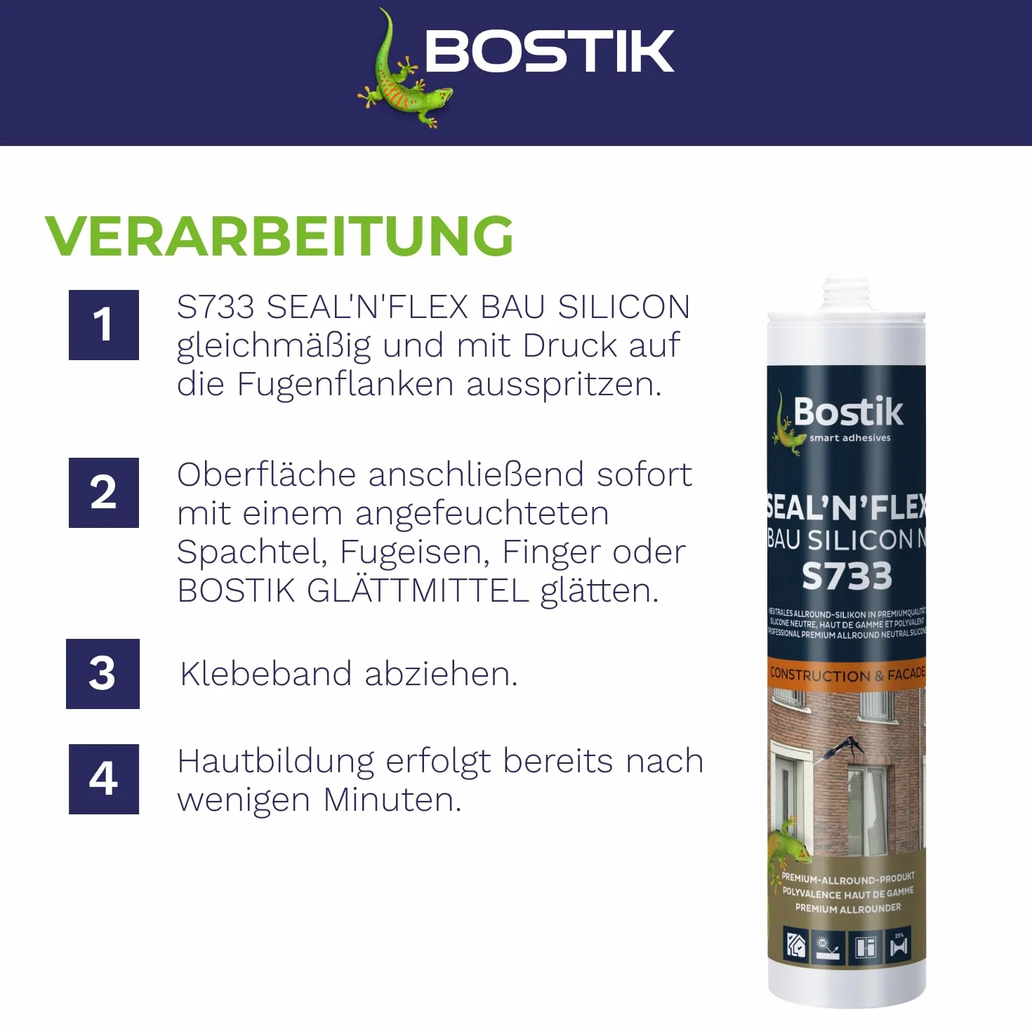 BOSTIK S733 Seal´n´Flex Bau silikon pyłoszczelny szary – neutralny uniwersalny silikon, odporny na pleśń, trwale elastyczny, dobrze tolerowany przez malowanie, do użytku wewnątrz i na zewnątrz, 300 ml