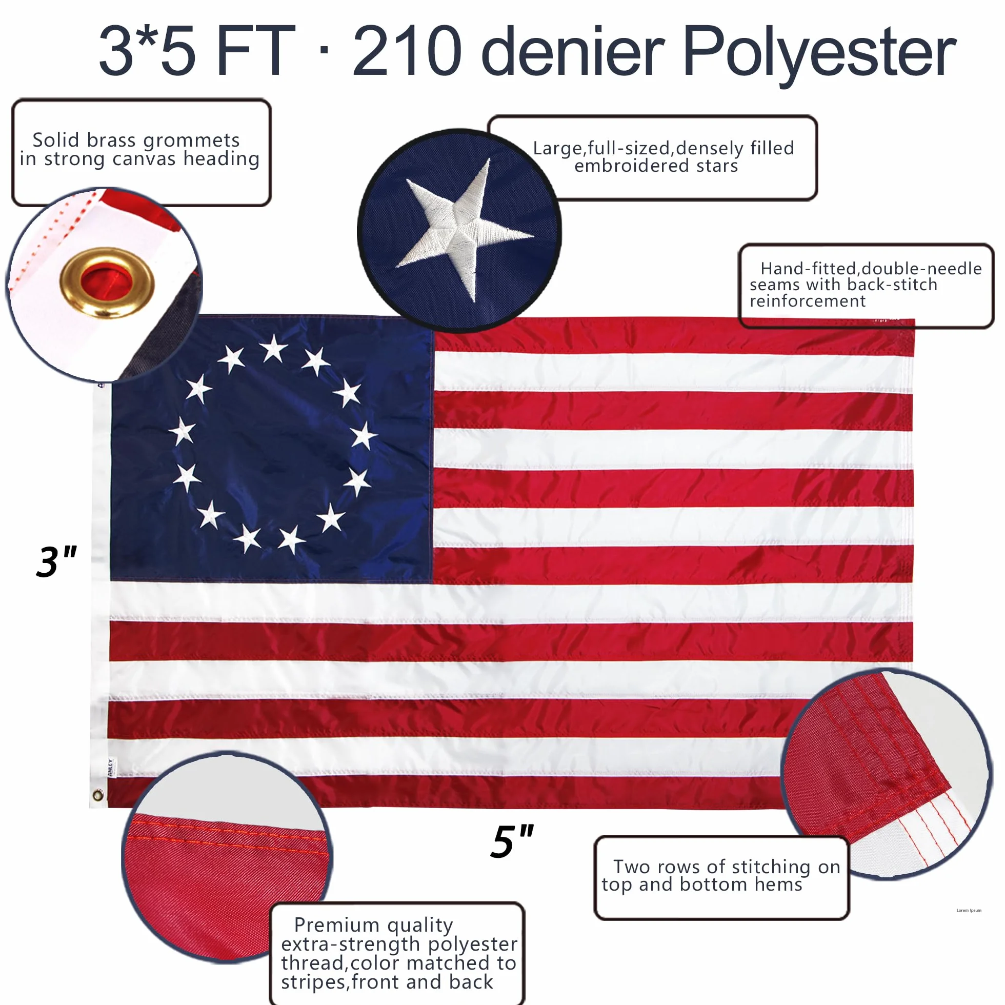 Anley EverStrong Series Flaga Betsy Ross 3x5 stóp Heavy Duty Nylon Haftowane gwiazdy szyte paski mosiężne przelotki