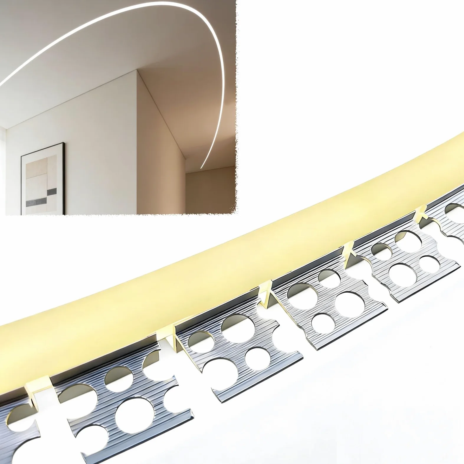 Aluminiowa listwa LED z dyfuzorem, kanał zakrzywiony, sufitowy, pośrednie oświetlenie z mleczną osłoną, giętki, do zabudowy, do salonu, 3,5 m