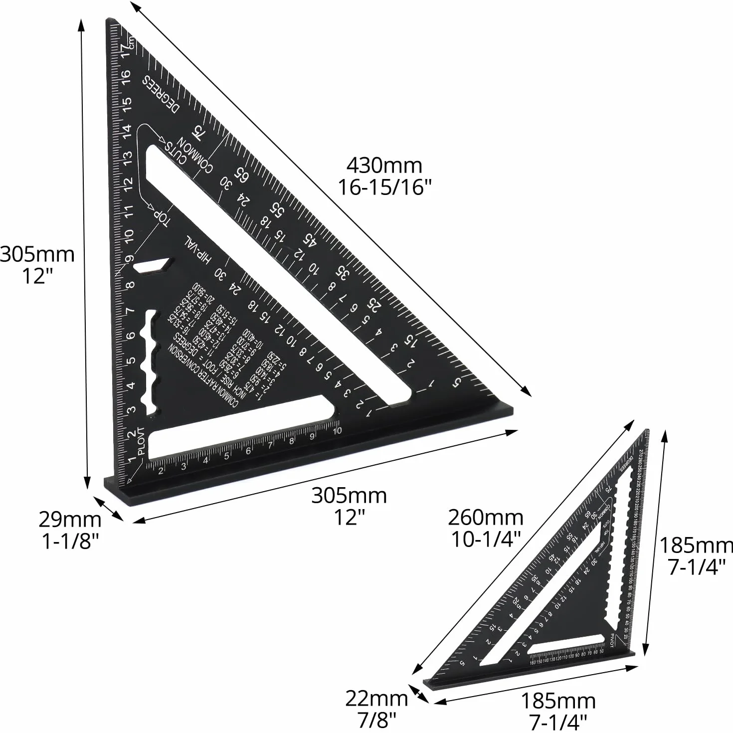 QWORK® Rafter Square Metric Speed Square 30,5 cm i 18 cm aluminiowy kwadrat dachowy stolarski, metryczna kwadratowa linijka trójkątna, do projektów drewnianych dachowych