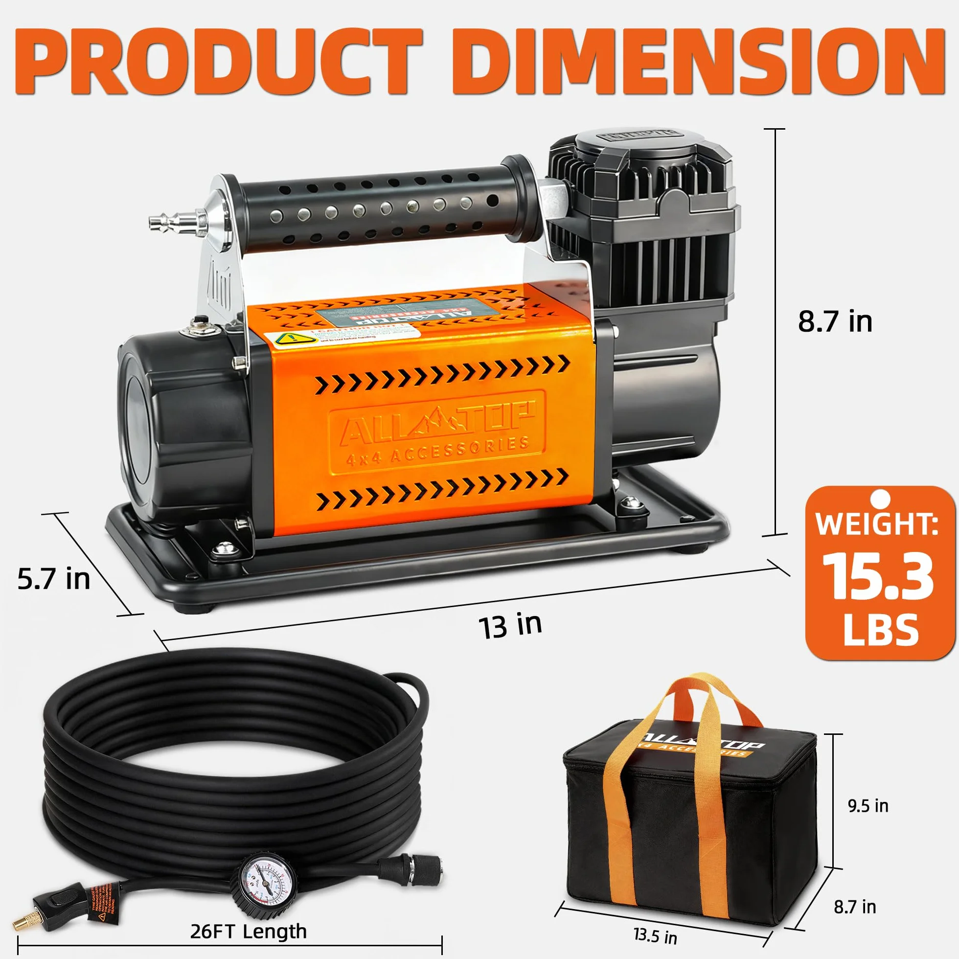 WERPOWER All-Top 4X4 I 12V DC Przenośna sprężarka powietrza Maximum Tire Pressure 150PSI Wskaźnik przepływu 180L/min (160L Sprężarka powietrza)