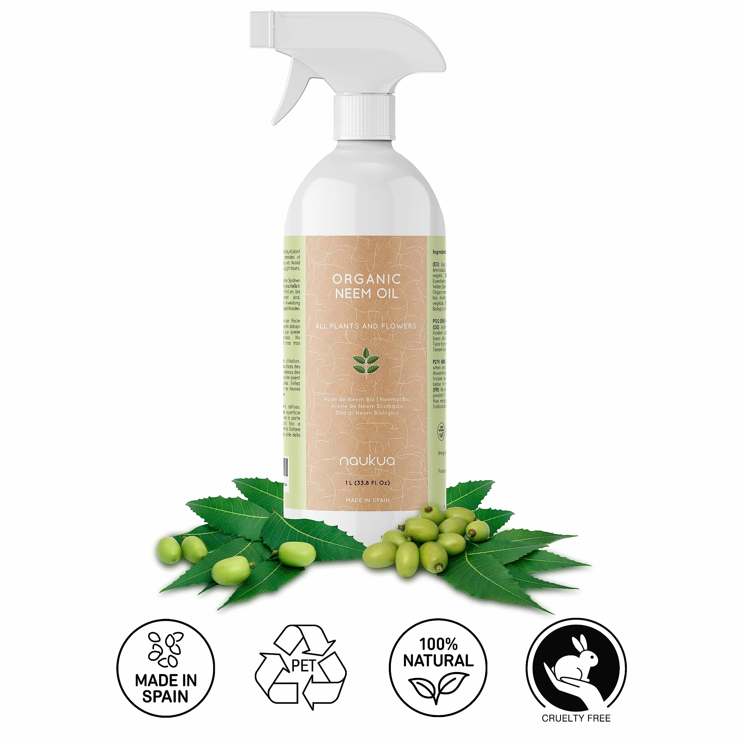 1L Organiczny Olejek z Miodli Indyjskiej Do Roślin - 100% Naturalny i Nietoksyczny - Ochrona i Obrona Przed Wszystkimi Rodzajami Szkodników, Owadów i Chorób - Rośliny Wewnątrz i Na Zewnątrz - Gotowy Do Użycia Spray.