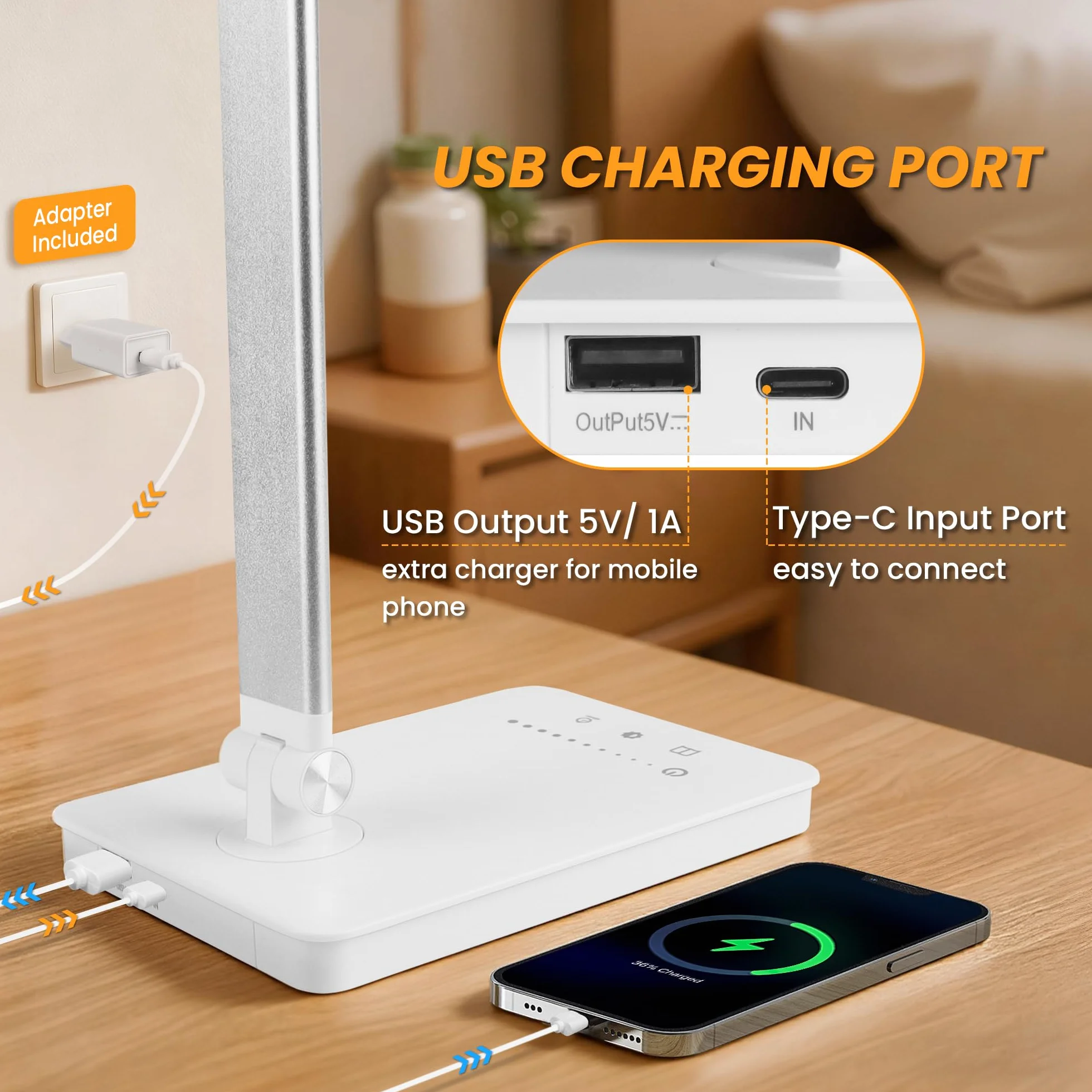 Akynite Lampa biurkowa LED z możliwością przyciemniania ochrona oczu z portem ładowania USB adapter 2 A w zestawie lampka do czytania, 5 kolorów i 5 jasności, dotykowa lampa stołowa dla dzieci