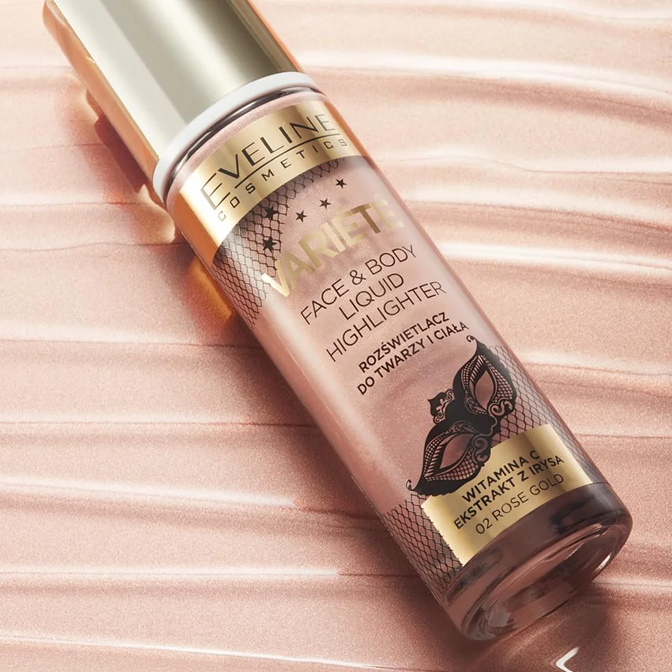 Eveline Cosmetics Varit płynny rozświetlacz do twarzy i ciała – nr 01 Champagne Gold | wszechstronna formuła na policzki, oczy, usta i ciało | wzbogacony witaminą C i wyciągiem z irysa