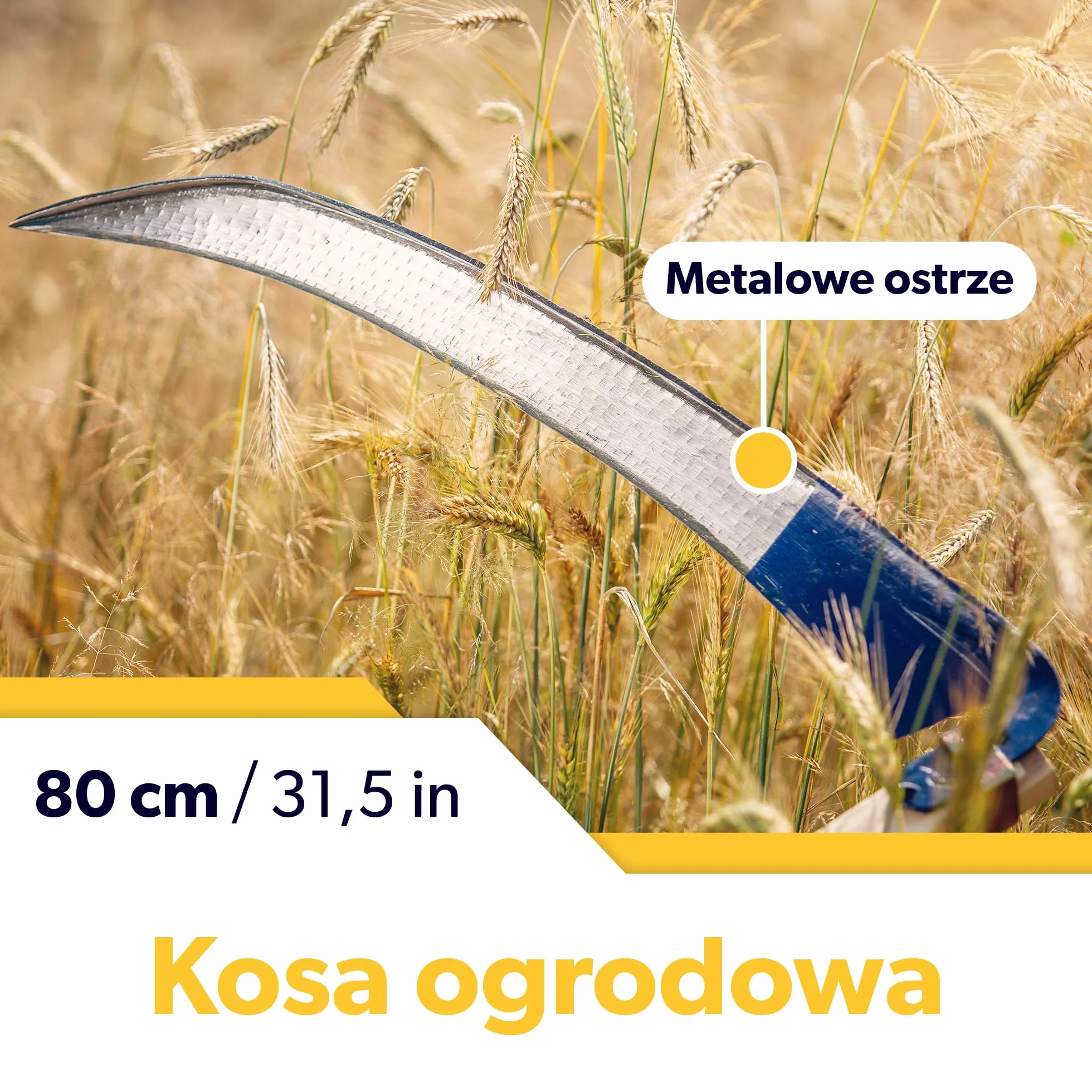 KADAX Kosa ręczna 80cm metalowa, składana konstrukcja, pewny chwyt, do wykaszania traw i chwastów na działce i w ogrodzie