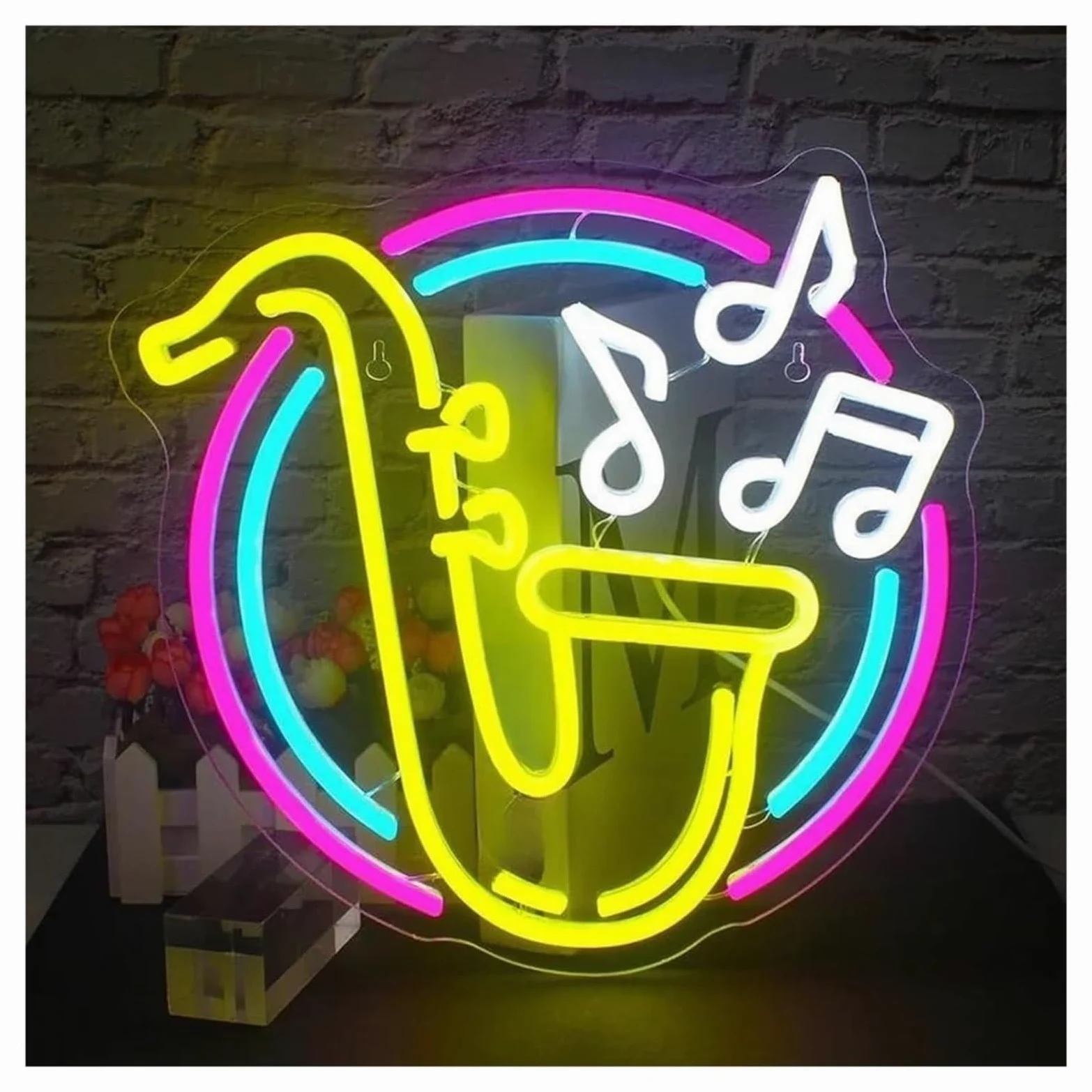 Znak świetlny neonowy, lampa saksofonowa, neonowa muzyka, dekoracja ścienna, znaki artystyczne, dekoracja pokoju, studio, bar, klub, impreza (31 x 32 cm)
