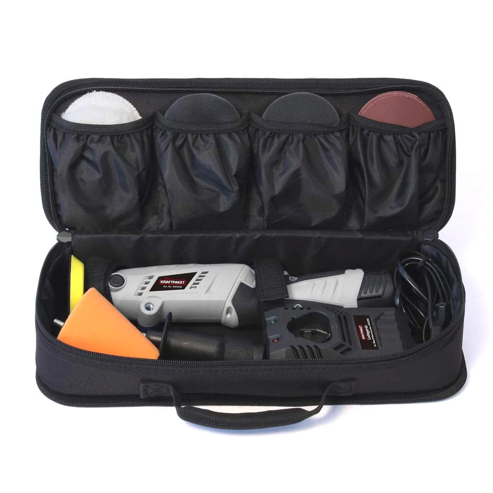 Dino KRAFTPAKET 640256 10,8 V akumulatorowa maszyna do polerowania Multiplex 75 mm talerz 600 – 3000 obr./min z obrotową obudową do pręta lub pistoletu. Kompletny zestaw z padami, talerzem polerskim, ładowarką, torbą, szara