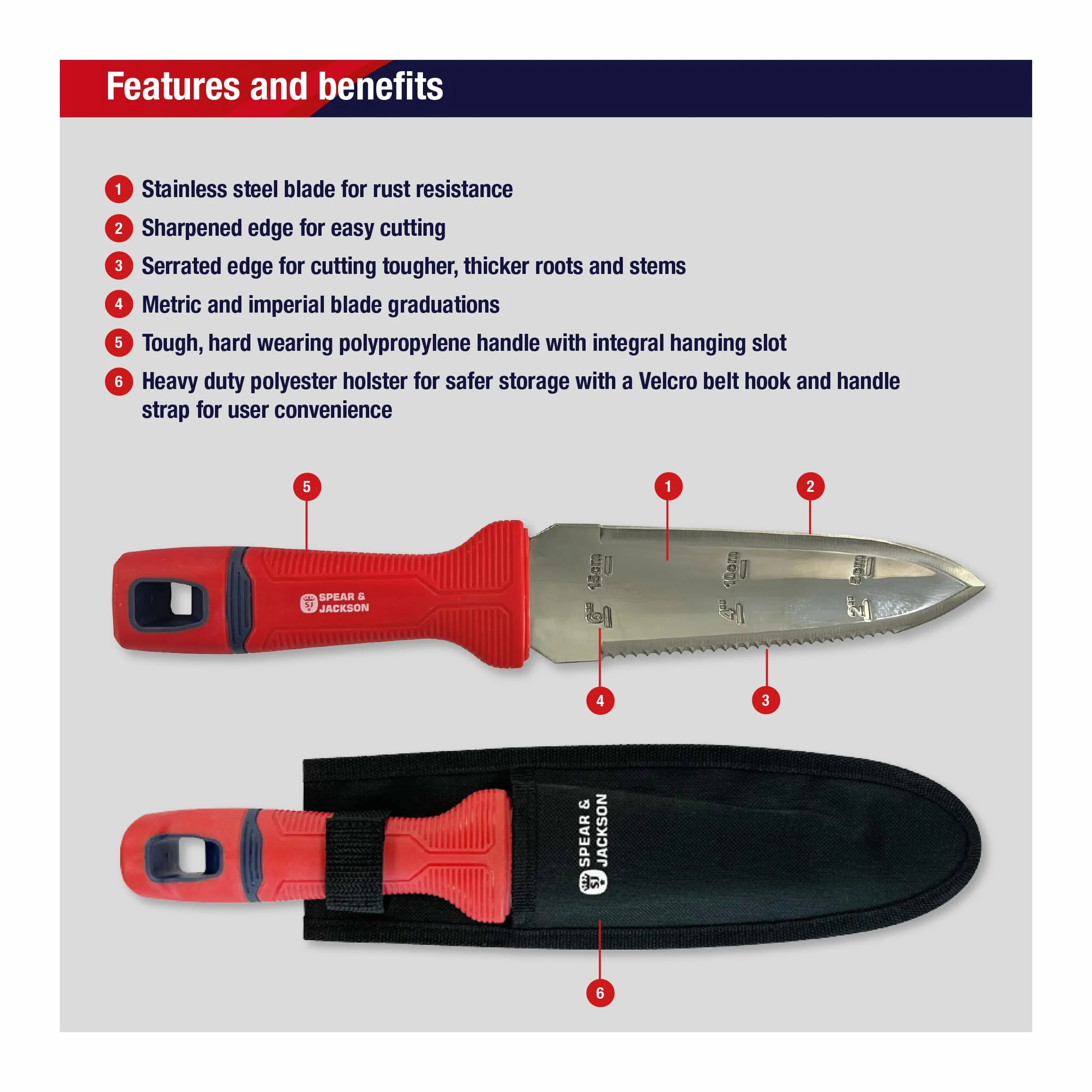 Spear & Jackson 4151HH Nóż Hori Hori ze stali nierdzewnej z kaburą i paskiem