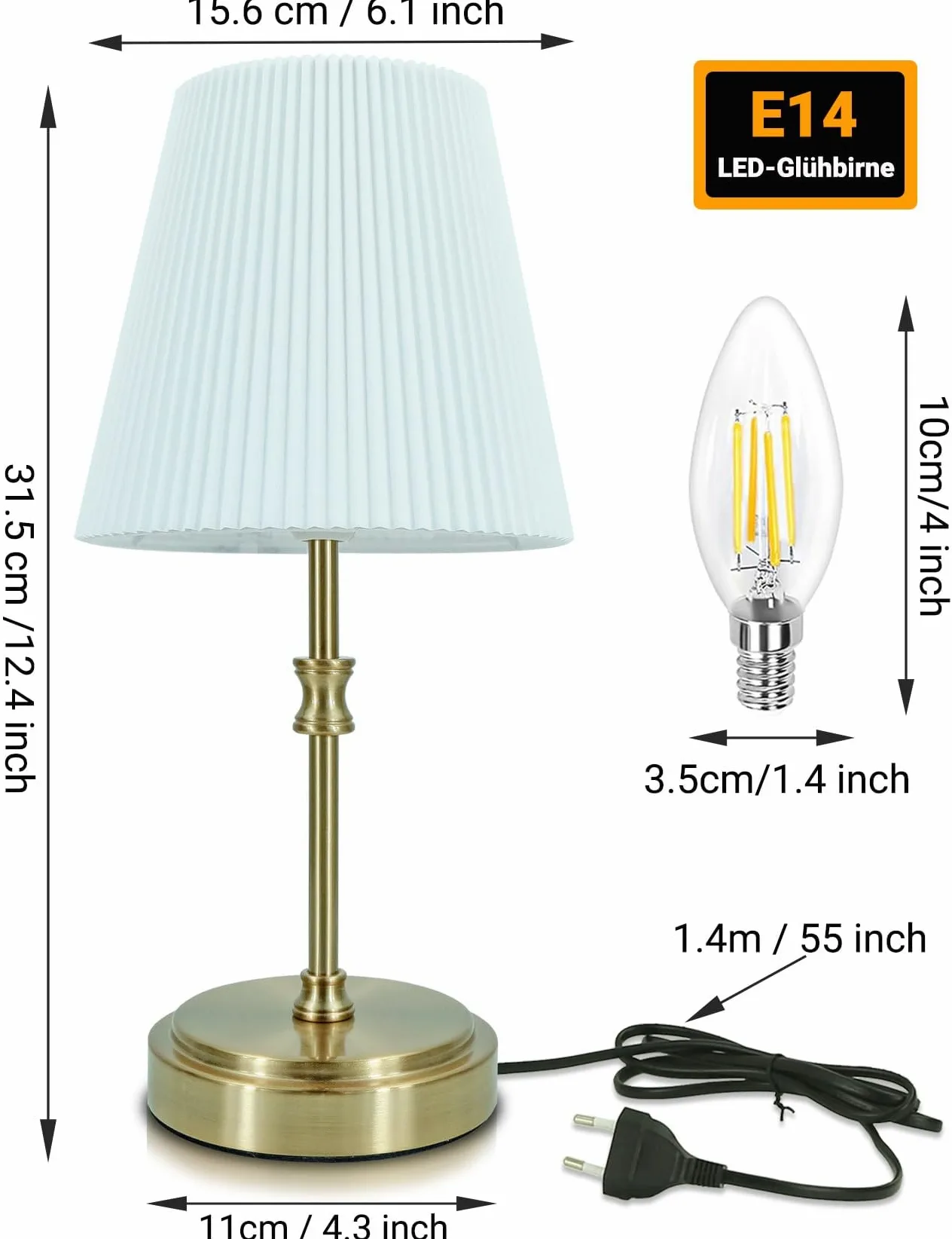 Dotykowa lampka nocna, 31,5 cm ściemnialna sterowanie dotykowe lampa stołowa LED nowoczesna lampa stołowa retro z żarówką do czytania salon pokój dziecięcy klosz z tkaniny do sypialni hotelu