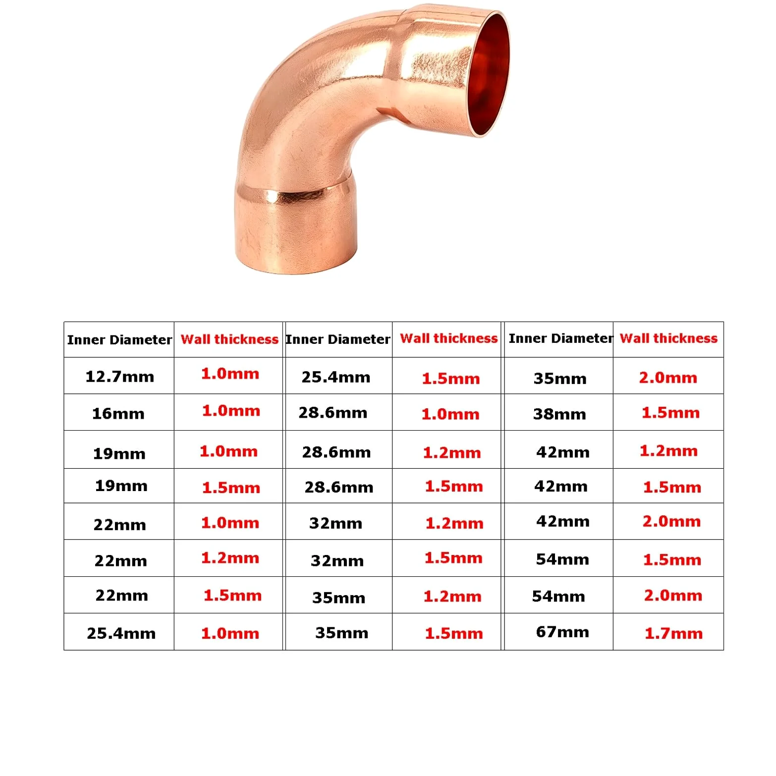 Zestaw złączek do rur miedzianych 1/2" do 2-5/8", Uszczelki lutowane do chłodzenia HVAC AC i kolanek 90 stopni do ogrzewania i klimatyzacji | 54 mm x 1,5 mm
