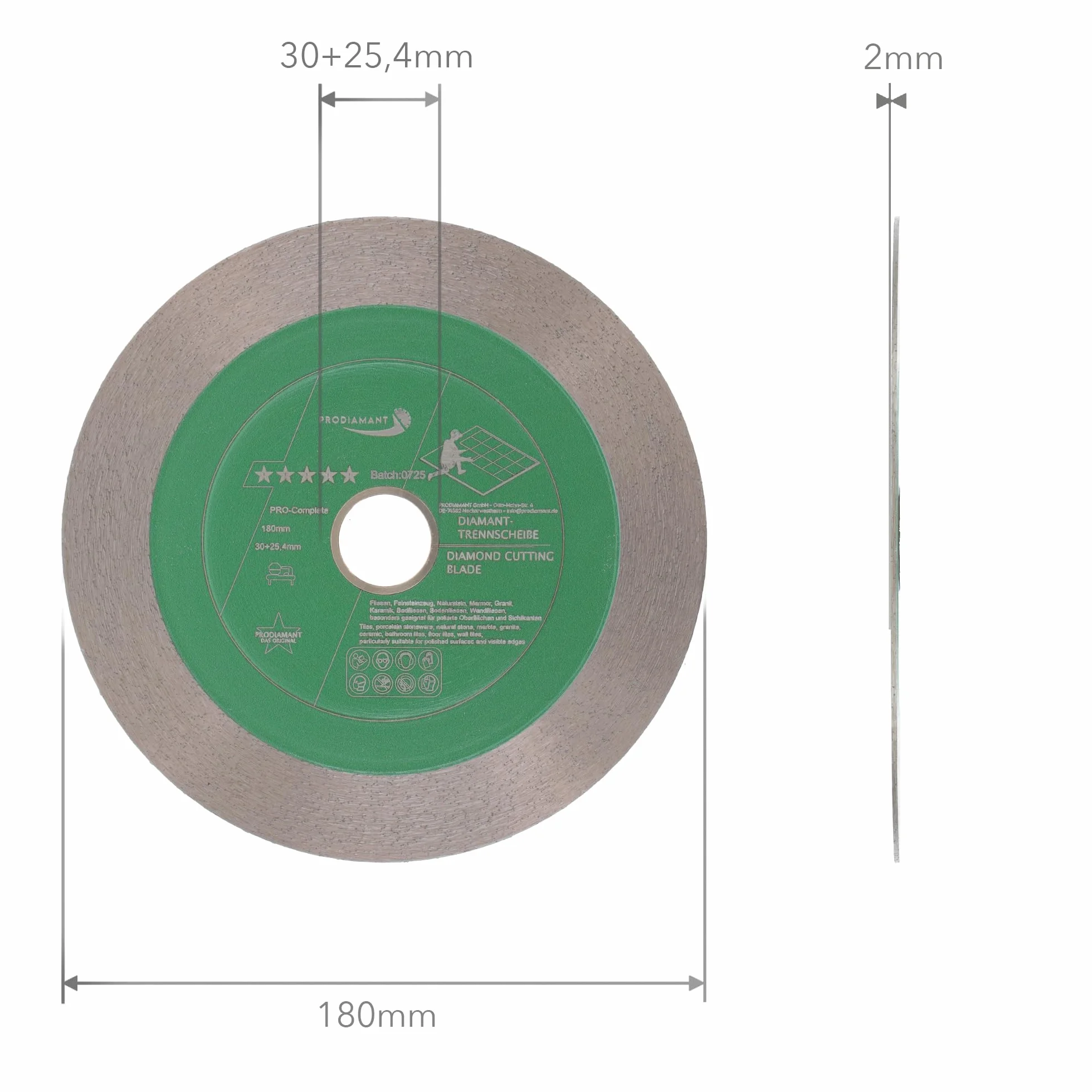 PRODIAMANT PRO-Complete Diamentowa tarcza do płytek, 180 mm x 30 mm, z pierścieniem redukcyjnym do 25,4 mm, do płytek, gresu porcelanowego, ceramiki, kamienia naturalnego – segment kanapkowy 25 mm