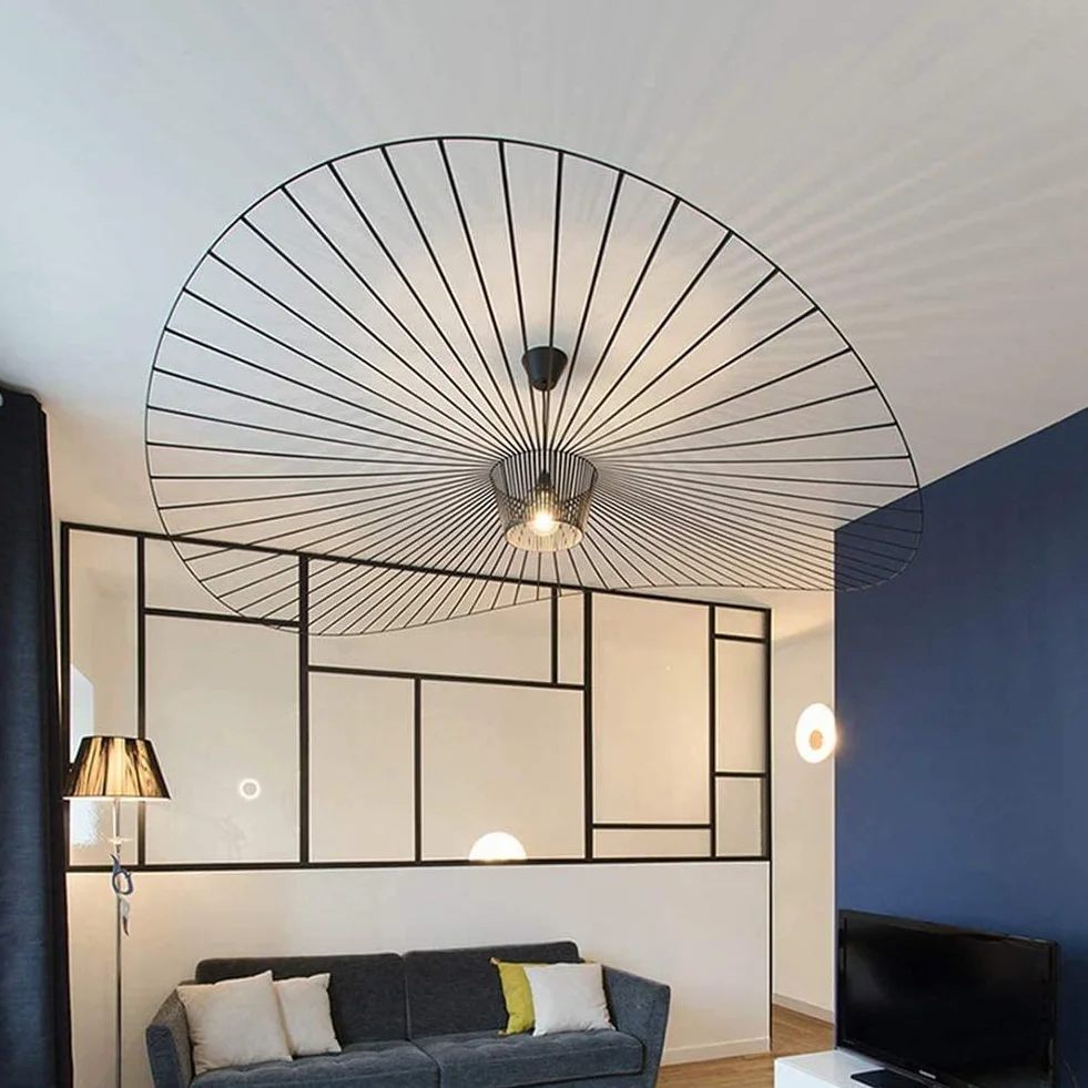 Msyyuu Vintage żyrandol lampa wisząca do salonu, prosta kreatywna lampa (regulowana wysokość światła), do salonu, paski z włókna szklanego, wzór kapelusza z kutego żelaza, E27, maks. 40 W, czarny, 120