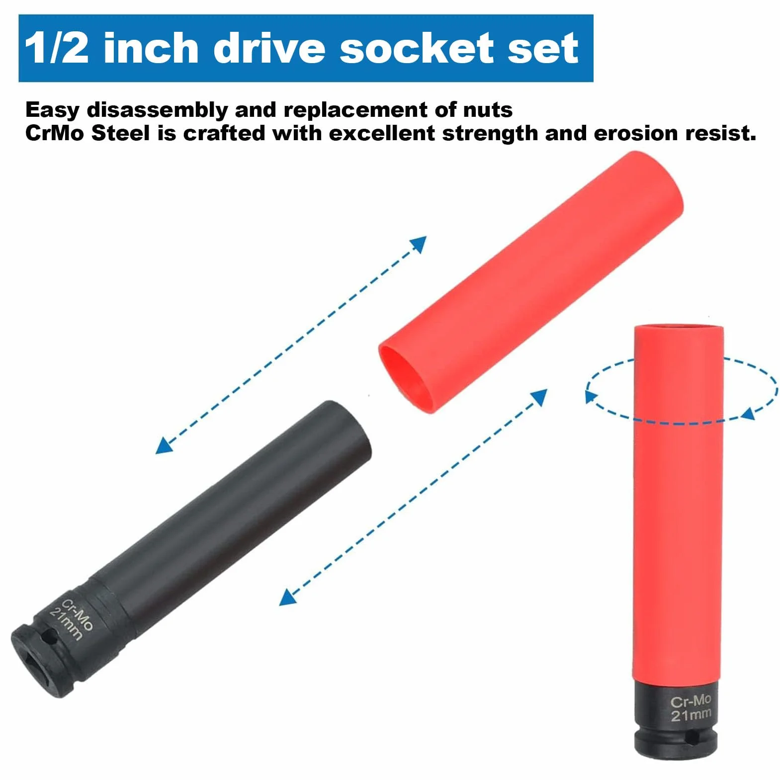 Generic Zestaw 3 nasadek udarowych 1/2 cala, 17 mm, 19 mm, 21 mm, metryczne nasadki do nakrętek kół ze stali CrMo o cienkich ściankach, z kolorowymi osłonami ochronnymi