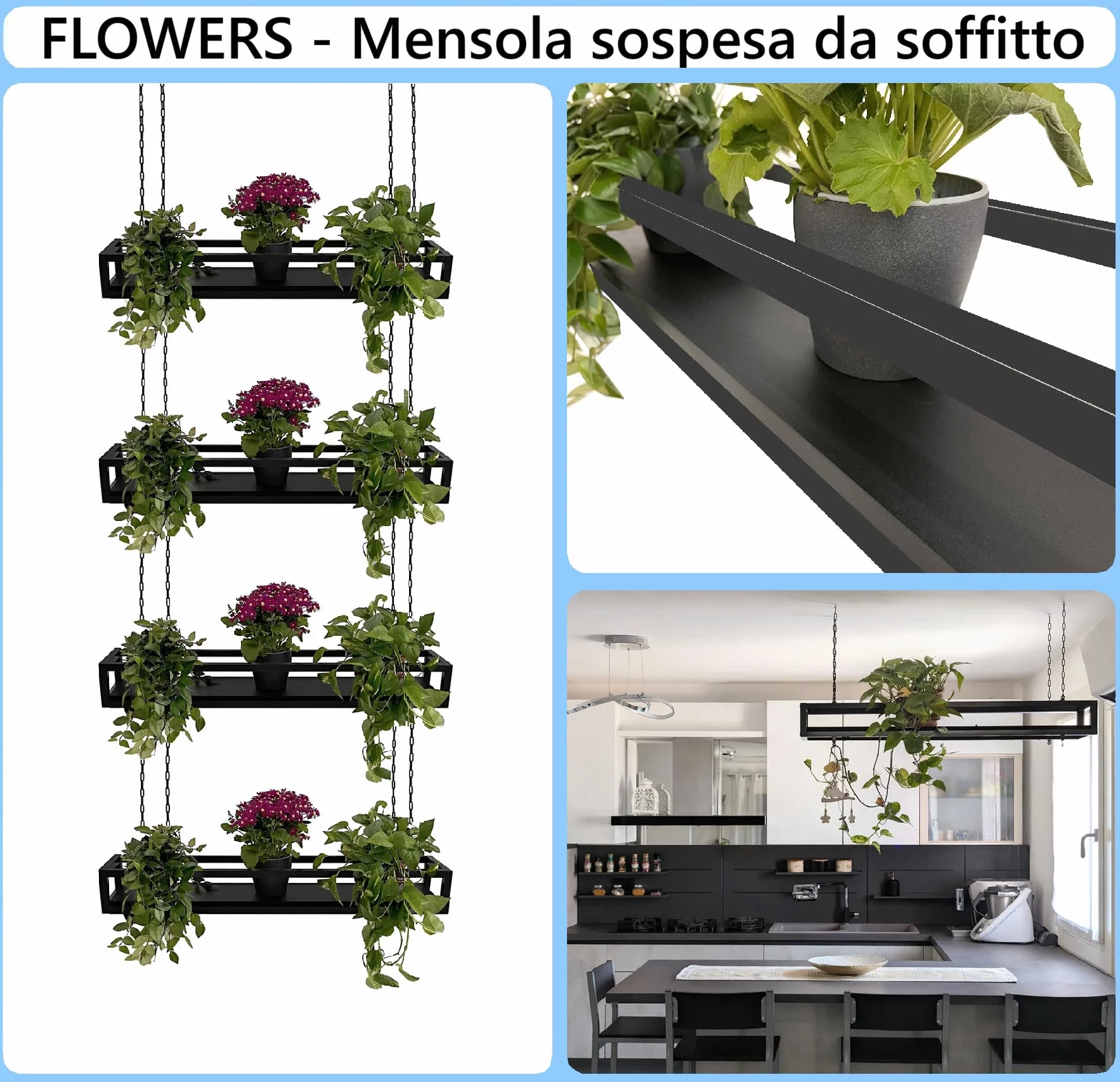 yelloo - Wisząca półka sufitowa z łańcuchami, idealna do stojaków na kwiaty, rośliny wewnętrzne i zewnętrzne, klasyczny i elegancki design do domu, balkonu (FLOWERS czarny/czarny, 115 cm)