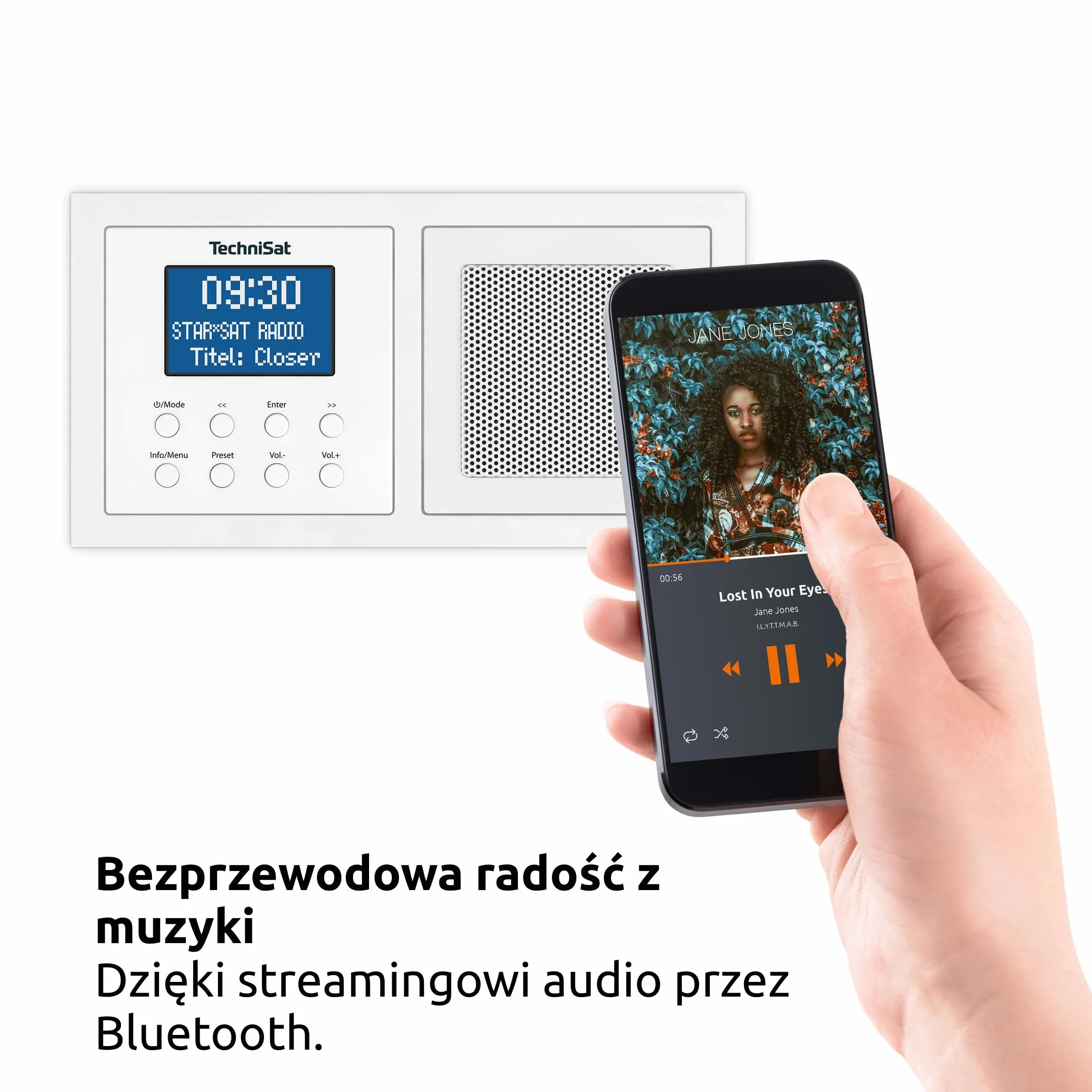 TechniSat DIGITRADIO UP 1 - radio podtynkowe DAB+ do montażu w dowolnej podwójnej puszce podtynkowej (odbiór DAB, FM, Bluetooth, przyciemniany wyświetlacz LCD, budzik, wyłącznik czasowy, moc 2 W RMS)