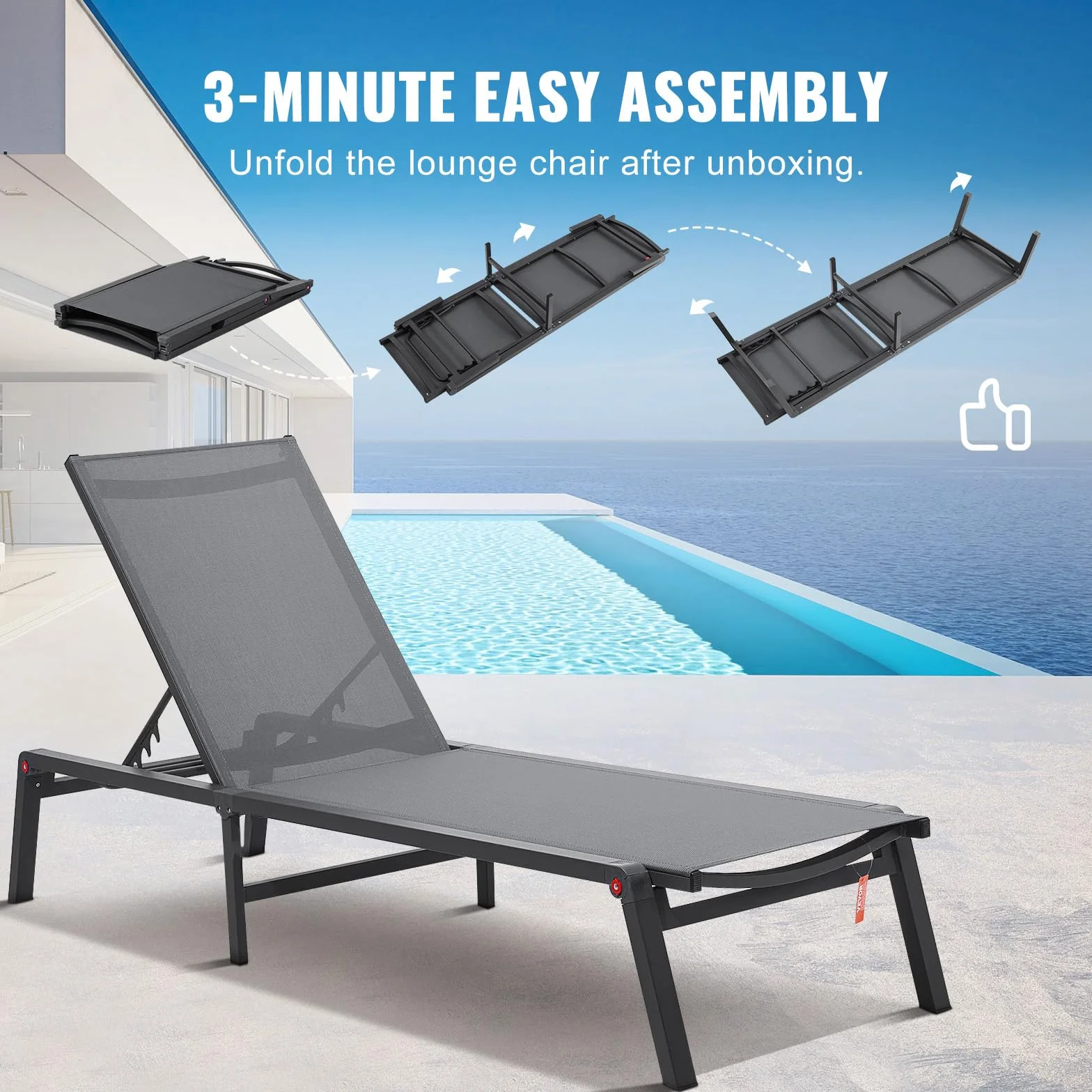 VEVOR Aluminiowe leżaki zewnętrzne, składane krzesła ogrodowe z 5 regulowanymi pozycjami, leżakami do basenu lub płaskiego opalania, na patio, plażę, basen, szare krzesła