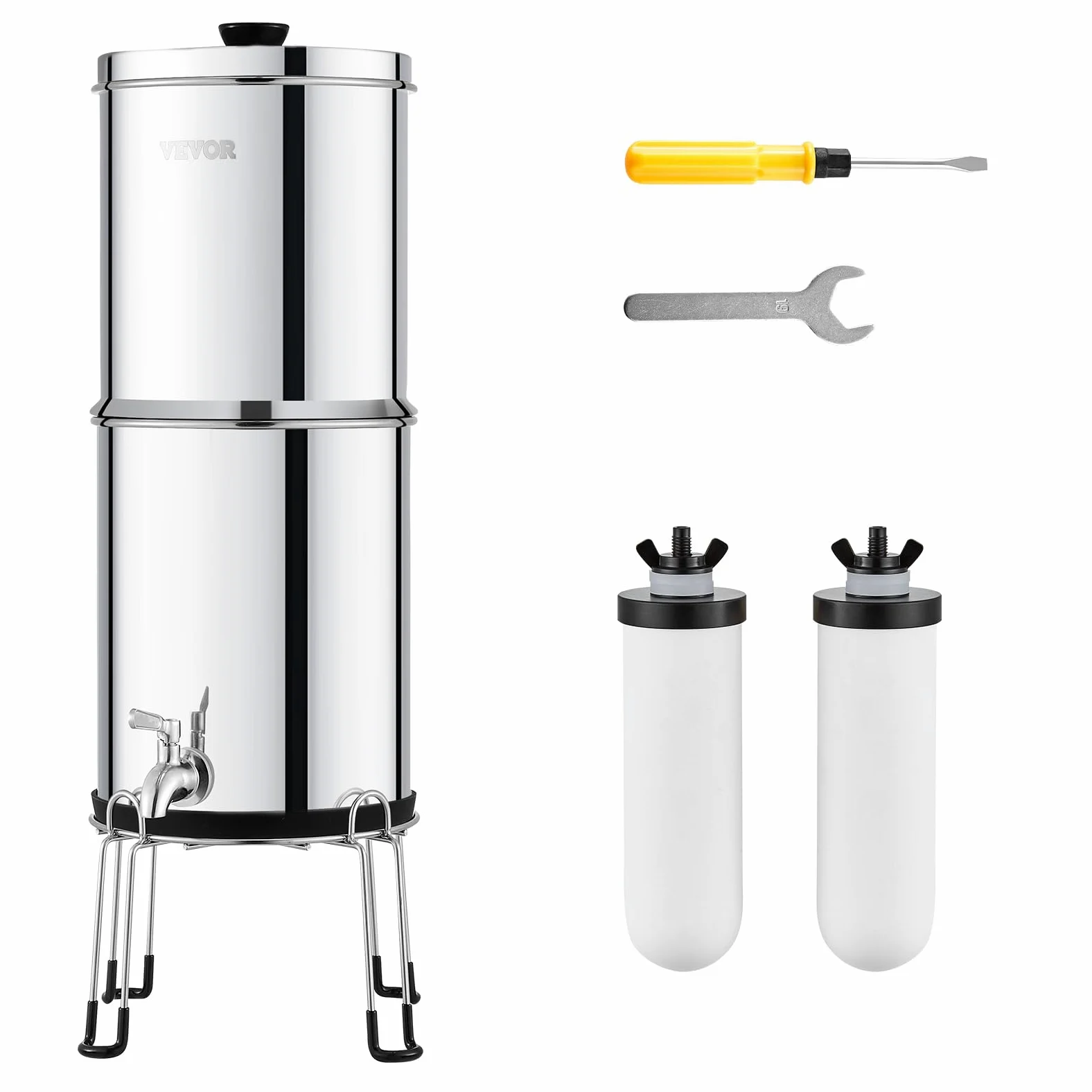 VEVOR System filtracji wody grawitacyjnej, system filtracji wody na blacie ze stali nierdzewnej 2,25G 304, redukuje ołów i do 99% chloru, z 2 ceramicznymi filtrami węglowymi, czopem i stojakiem