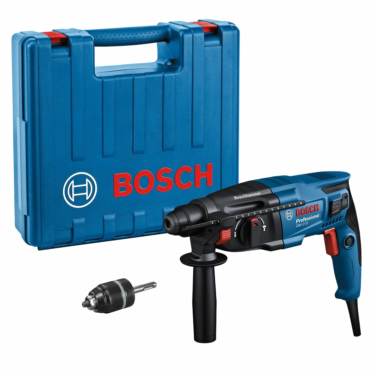 Bosch Professional Młot udarowo-obrotowy GBH 2-21 (z SDS plus, w zestawie szybkozaciskowy uchwyt wiertarski z adapterem SDS plus, dodatkowy uchwyt, ściereczka do maszyny, ogranicznik głębokości,