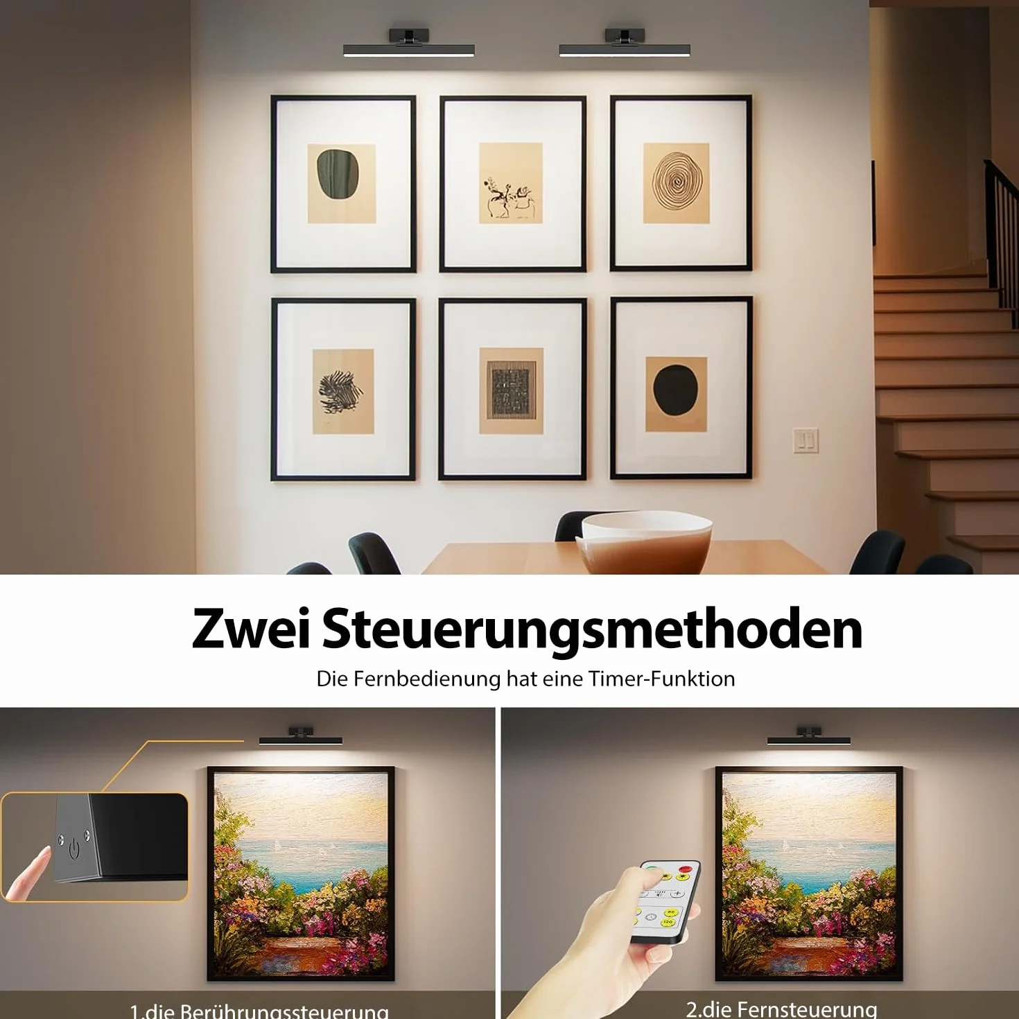 AIBOO LED Lampa do obrazów z akumulatorem, zestaw 2 sztuki, 40 CM, bezprzewodowa oświetlenie obrazów z pilotem zdalnego sterowania, możliwość regulacji jasności, magnetyczna, do wnętrz, bez