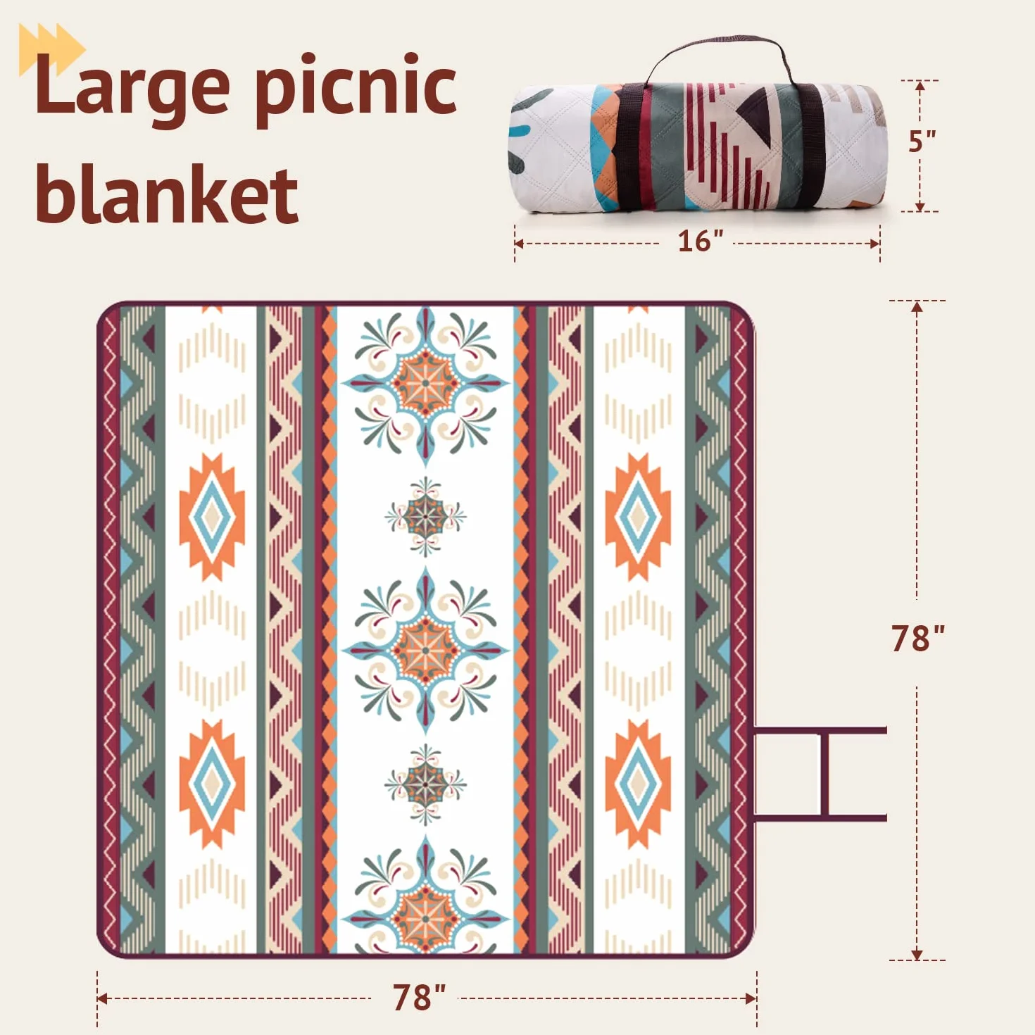 LARUTAN Koc piknikowy w stylu boho, 200 x 200 cm, bez piasku, przenośny, nadaje się do prania, podkładka plażowa, koc piknikowy na suchą plażę, BBQ, piknik, wędrówki, podróże, koc kempingowy, zielony