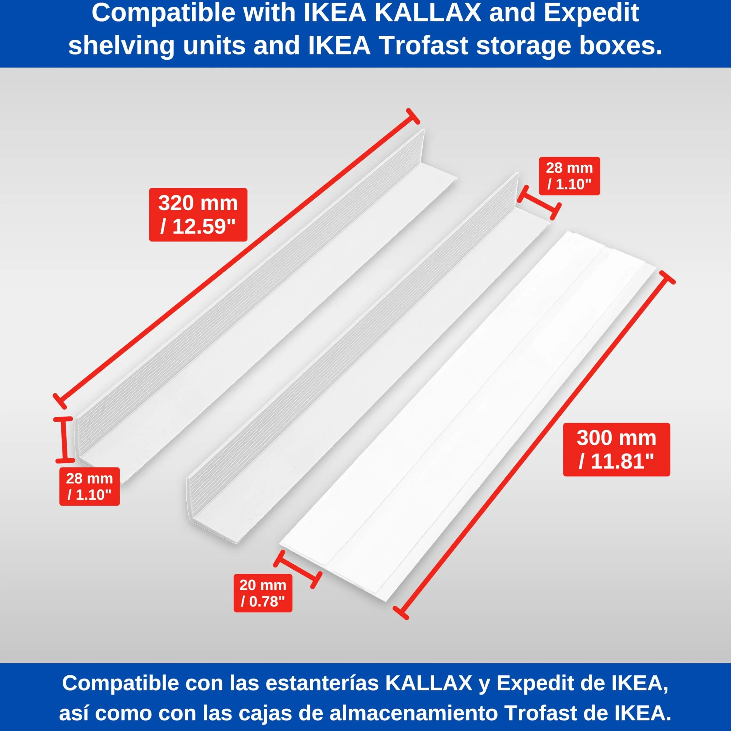Szyny mocujące do regałów, kompatybilne z IKEA Kallax, Expedit i Trofast, 4 sztuki, w kolorze białym, z tworzywa sztucznego, do klejenia lub wkręcania, system szyn do przechowywania pudełek, uchwyt do