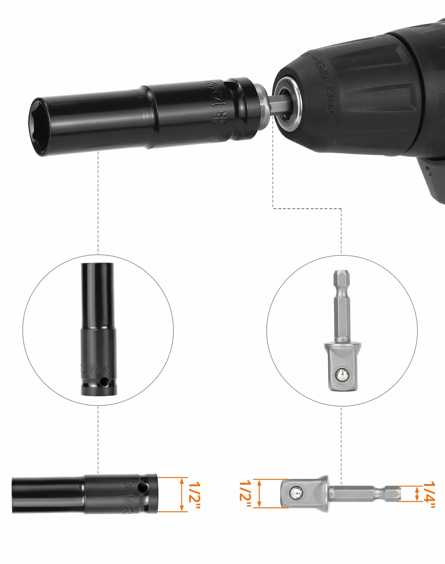 QWORK® 11-częściowy zestaw nasadek udarowych 1/2 cala z adapterem klucza nasadowego 1/4 cala, zestaw długich nasadek metryczny napęd zestaw narzędzi 10-24 mm do wiertarek elektrycznych i