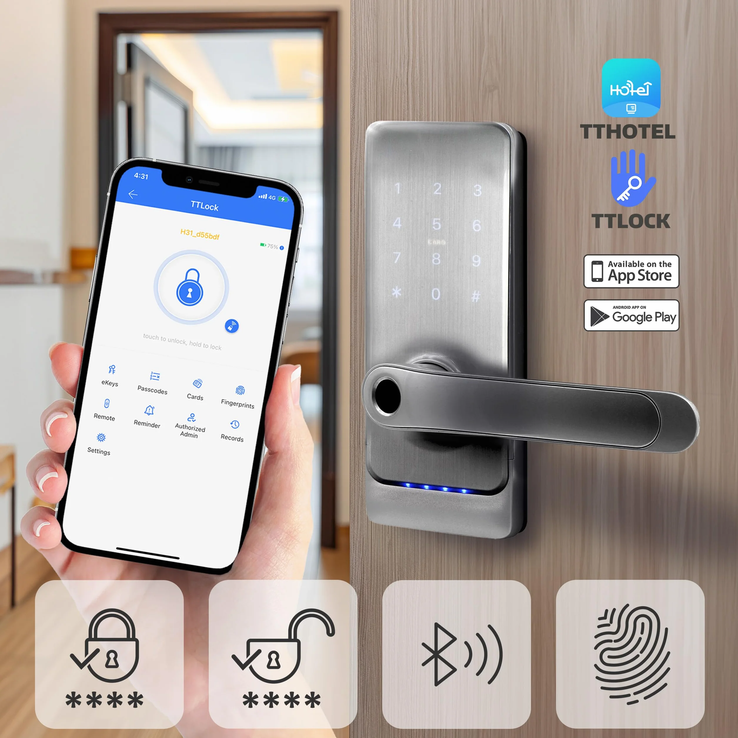EURA ELH-01H4 inteligentny zamek do drzwi z uchwytem, zamek kodowy, czytnik zbliżeniowy 13,56 MHz, czytnik biometryczny, aplikacja TTLock/TTHotel, IP65, uniwersalny odstęp rygli, biały
