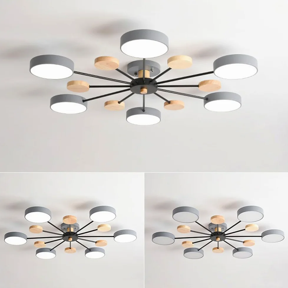 Lampa sufitowa Sputnik w nowoczesnym stylu z połowy wieku, 3 światła, biała, zielona i szara, drewniana lampa sufitowa inspirowana nordyckim stylem wiejskim. Okrągłe oświetlenie do sypialni