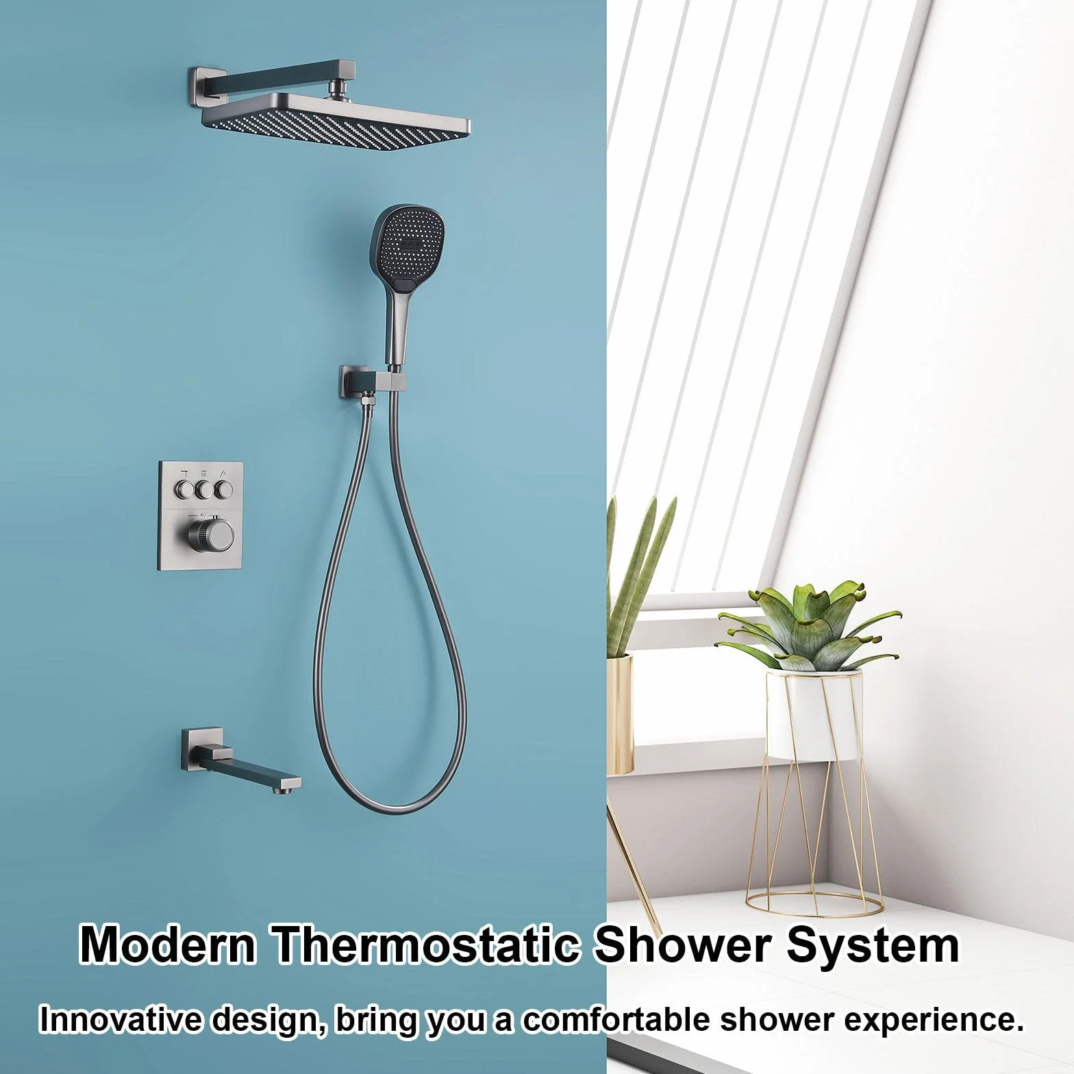 System prysznicowy z termostatem, HSS0465, nowoczesny zestaw prysznicowy podtynkowy, 30 x 20 cm, deszczownica, montaż ścienny, ze słuchawką prysznicową, składany kran wannowy, miedź 59 A