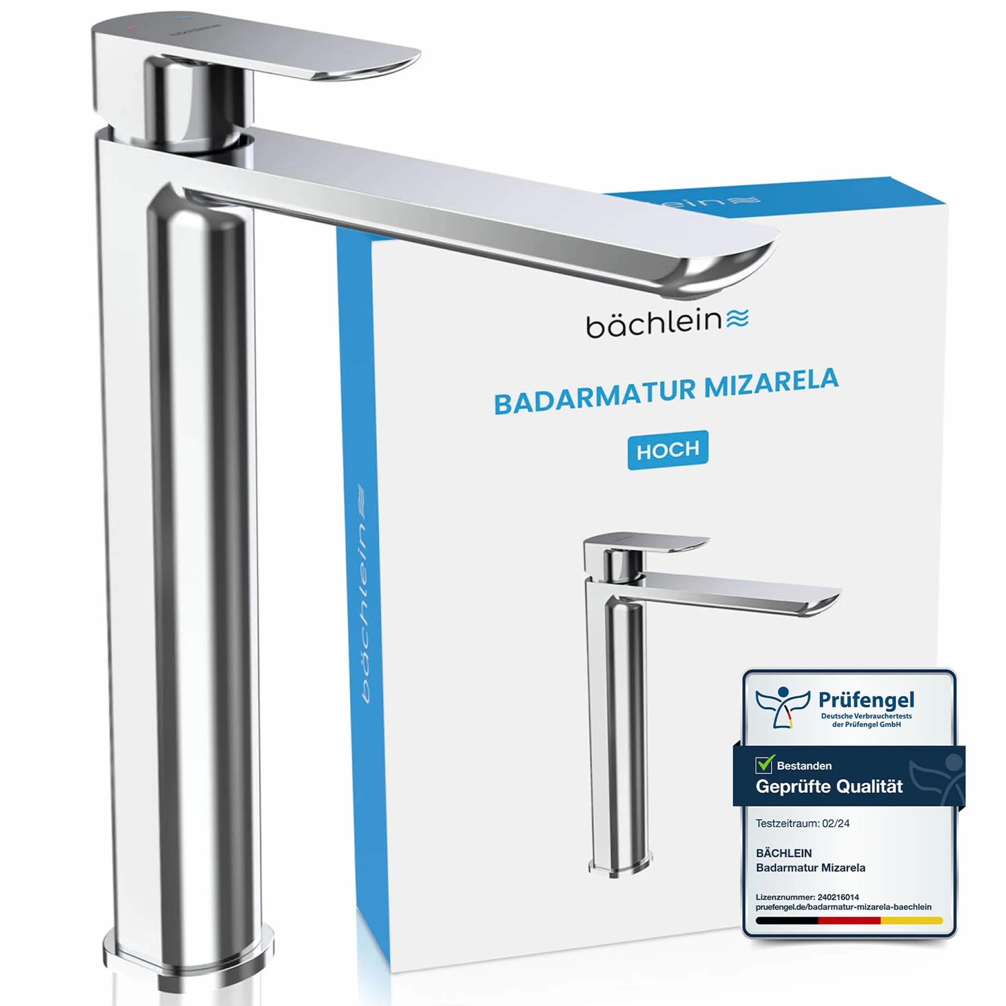 Bächlein Bateria łazienkowa Mizarela wysoka w klasycznym wzornictwie, jednouchwytowa bateria do umywalki nasadowej z trwałym wkładem ceramicznym i zestawem montażowym, chromowana bateria łazienkowa -