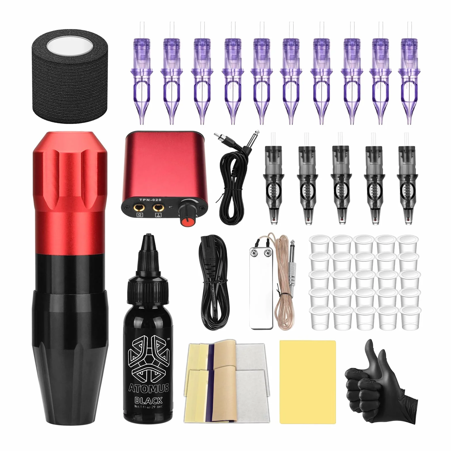 ATOMUS Red Tattoo Pen Kit Cartridge Rotary Complete Professional Tattoo Machine for Beginners(AT03)