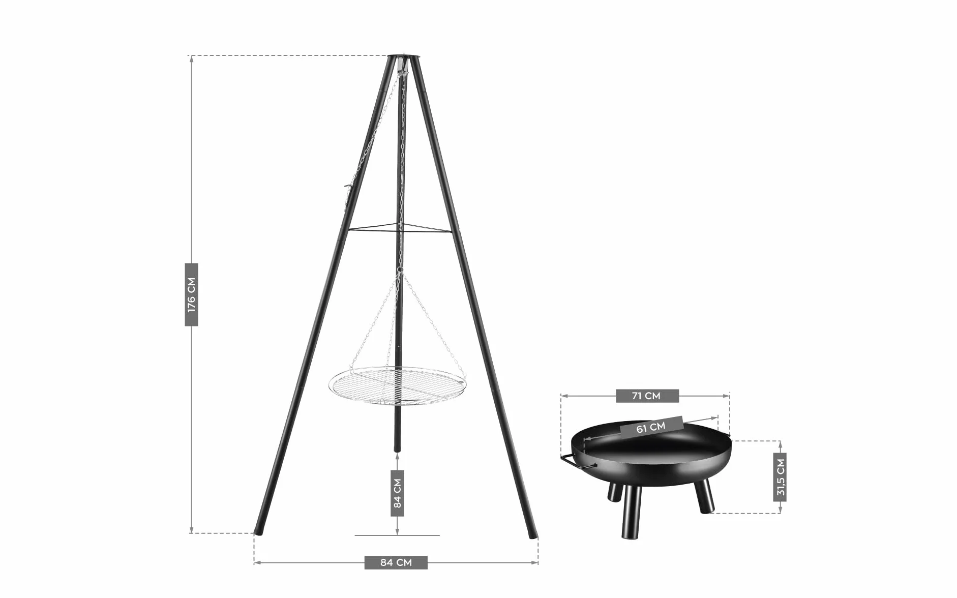 Gregman Roast 35, 3-w-1 grill, palenisko i miejsce do gotowania, grill na trójnogu z regulowanym w wysokości rusztem, gruba stalowa taśma ognioodporna, składana i mobilna, do ogrodu, tarasu, kempingu