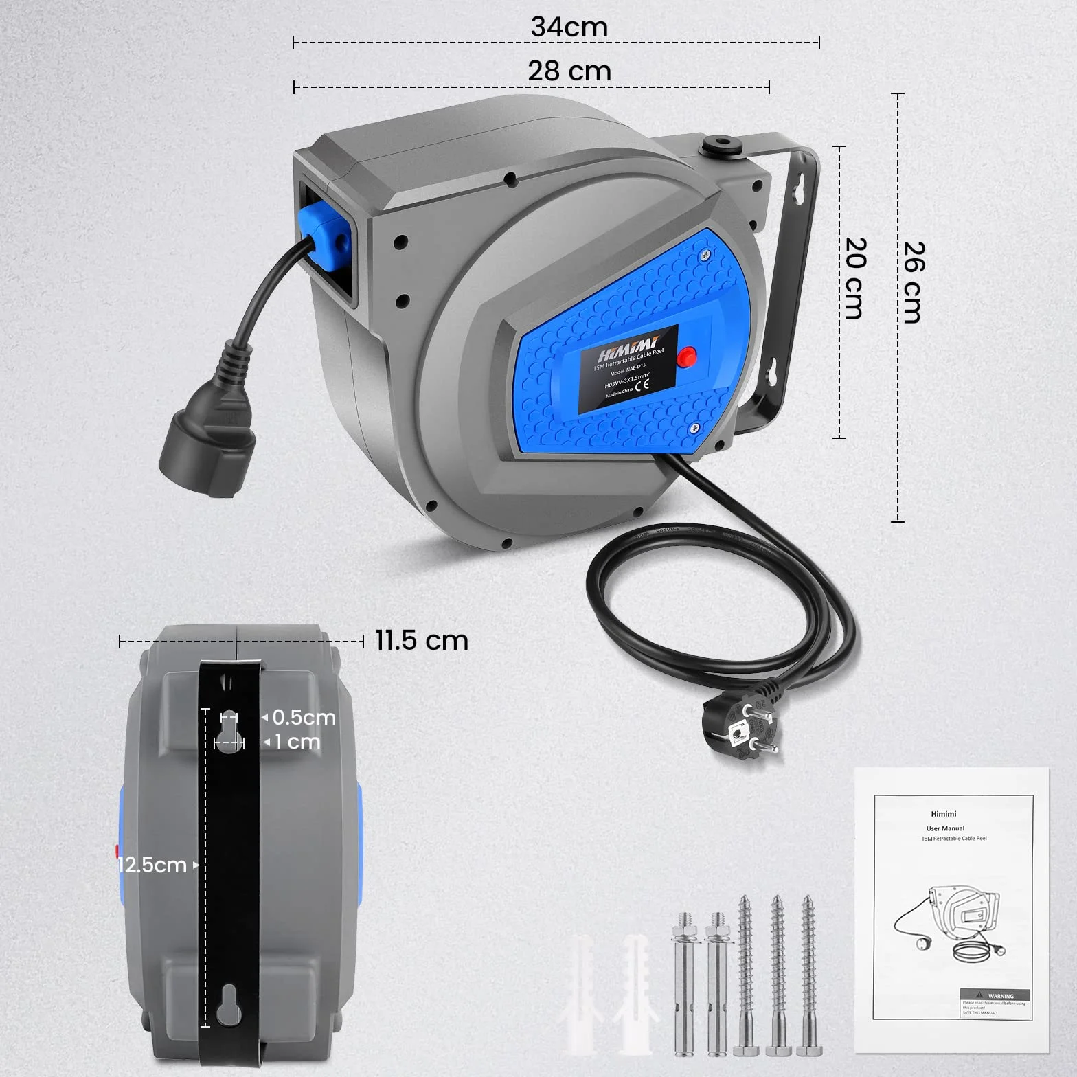 Himimi automatyczny bęben kablowy 15 m + 1 m przewód doprowadzający 1500 W kabel przedłużający na zewnątrz, bęben kablowy do montażu na ścianie o 180° z boku wychylny do montażu na ścianie