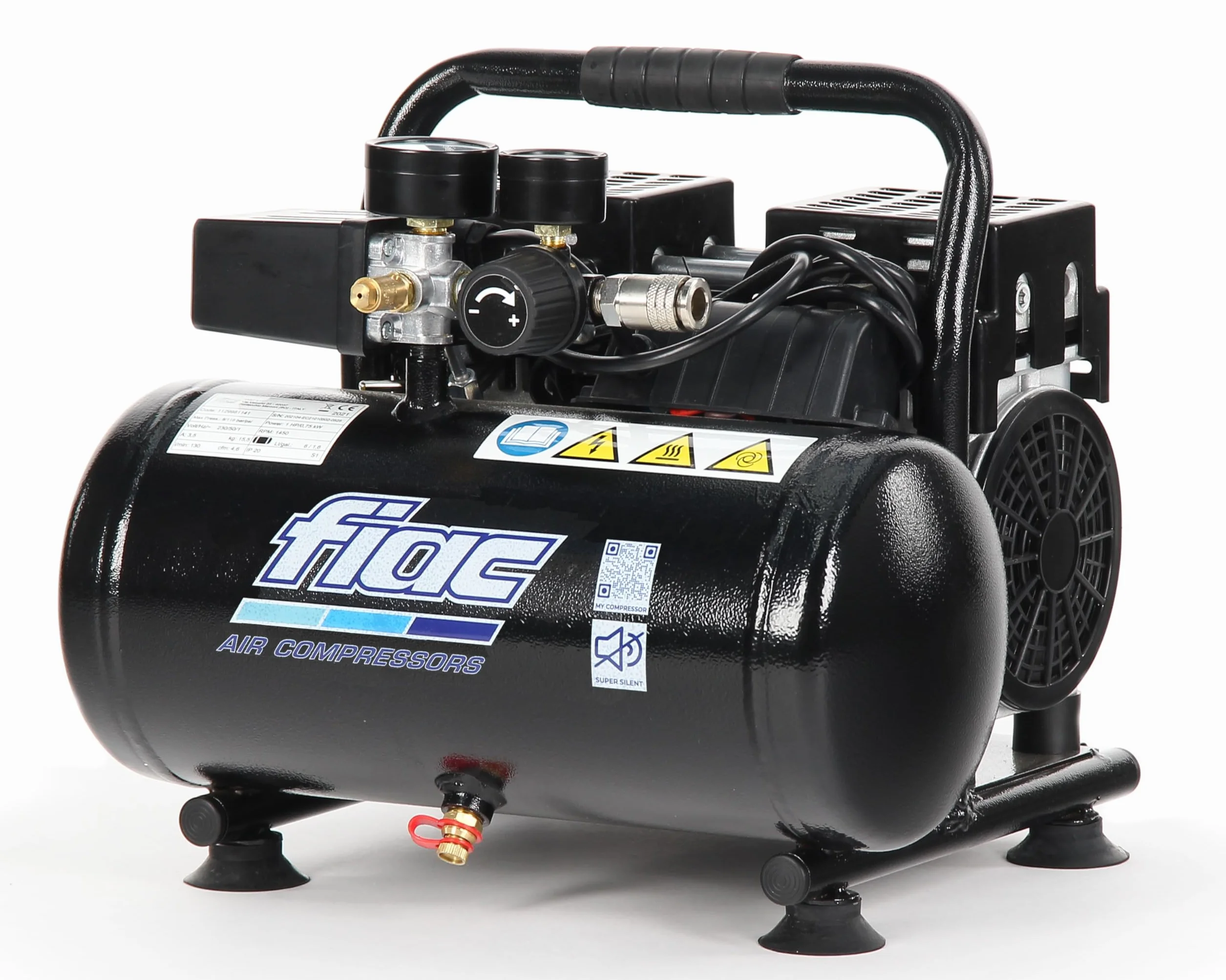FIAC SUPERSILENT 6 Cicha przenośna sprężarka powietrza, wolne od oleju, maksymalne ciśnienie 8 bar, 1 KM, zbiornik 6 litrów, poziom hałasu 58 dB LpA
