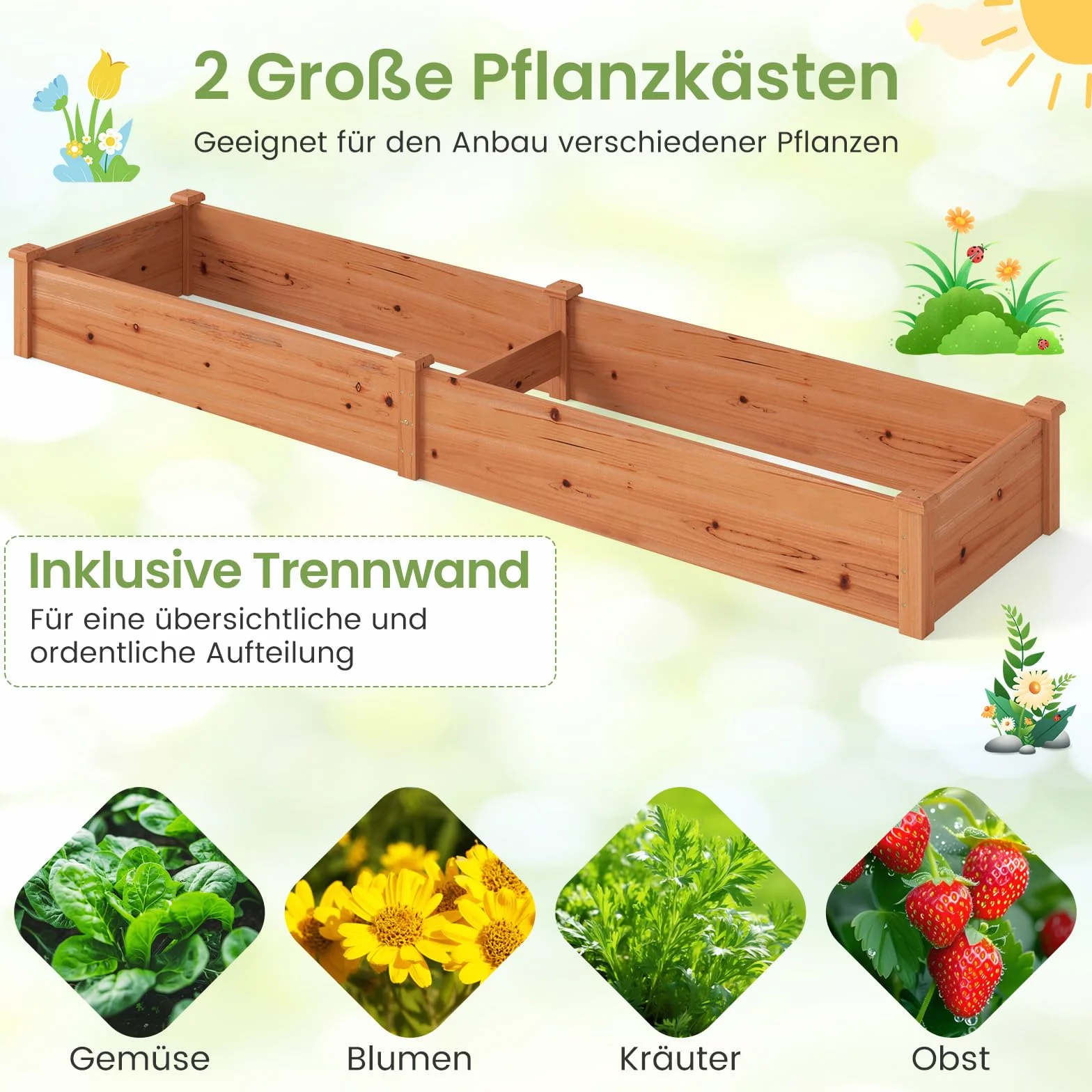 COSTWAY Podwyższona grządka ogrodowa, drewniana, 240 x 60 x 25 cm, skrzynka na rośliny na warzywa, kwiaty, zioła, owoce, rabatka na kwiaty, grządka ziołowa, na podwórko, do ogrodu, na trawnik