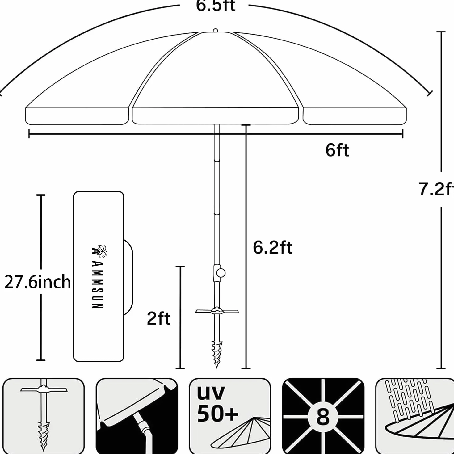 AMMSUN Składany parasol plażowy ze srebrną powłoką, przechylany wewnątrz pasek chroniący przed promieniowaniem UV, do podróży, słońca i na zewnątrz, pasuje do walizki